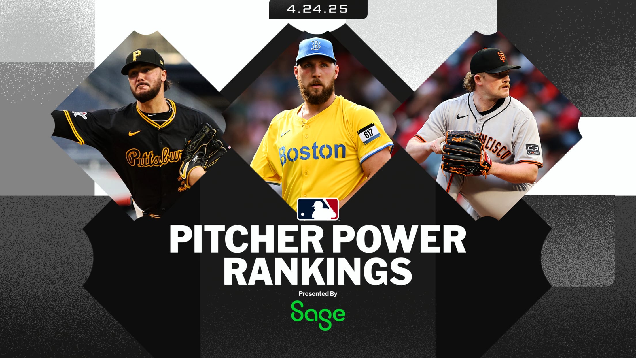 Paul Skenes, Garrett Crochet and Logan Webb set into field diamonds above ''Pitcher Power Rankings'' text