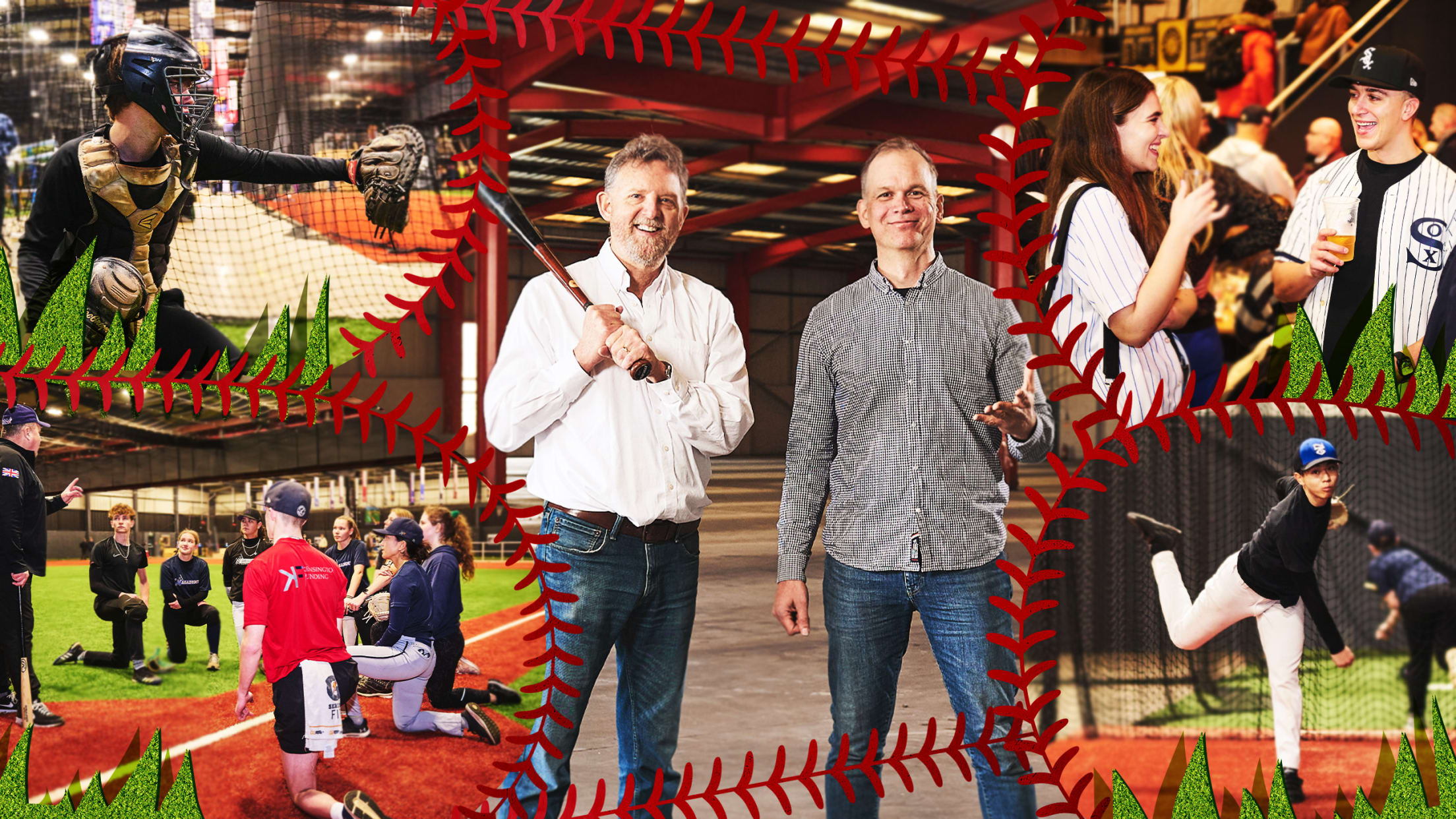 A photo illustration of young players and fans at England's new indoor baseball facility, The 108, arranged around the two founders in the center