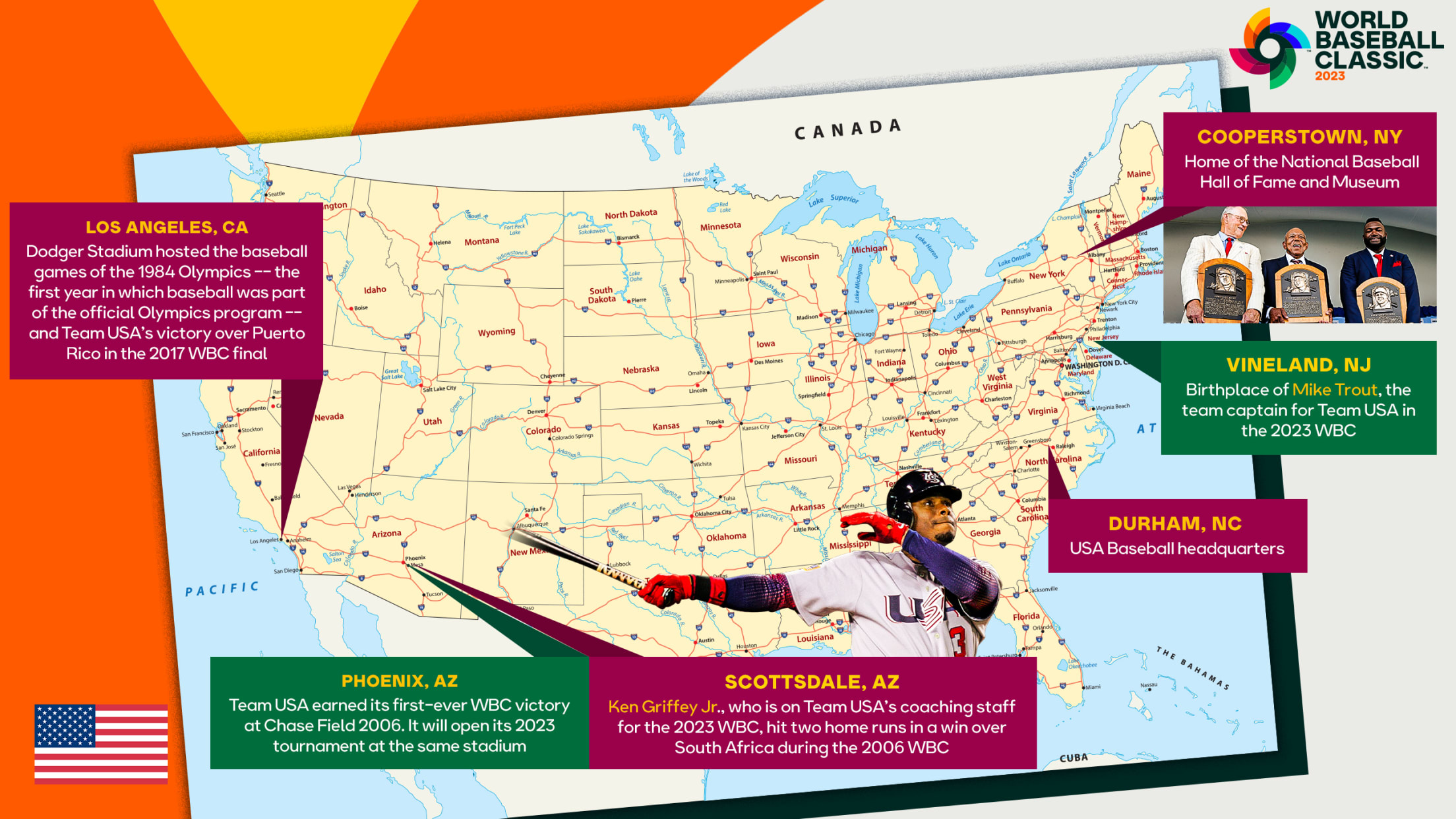 A map of the United States is shown with text and two photos over it