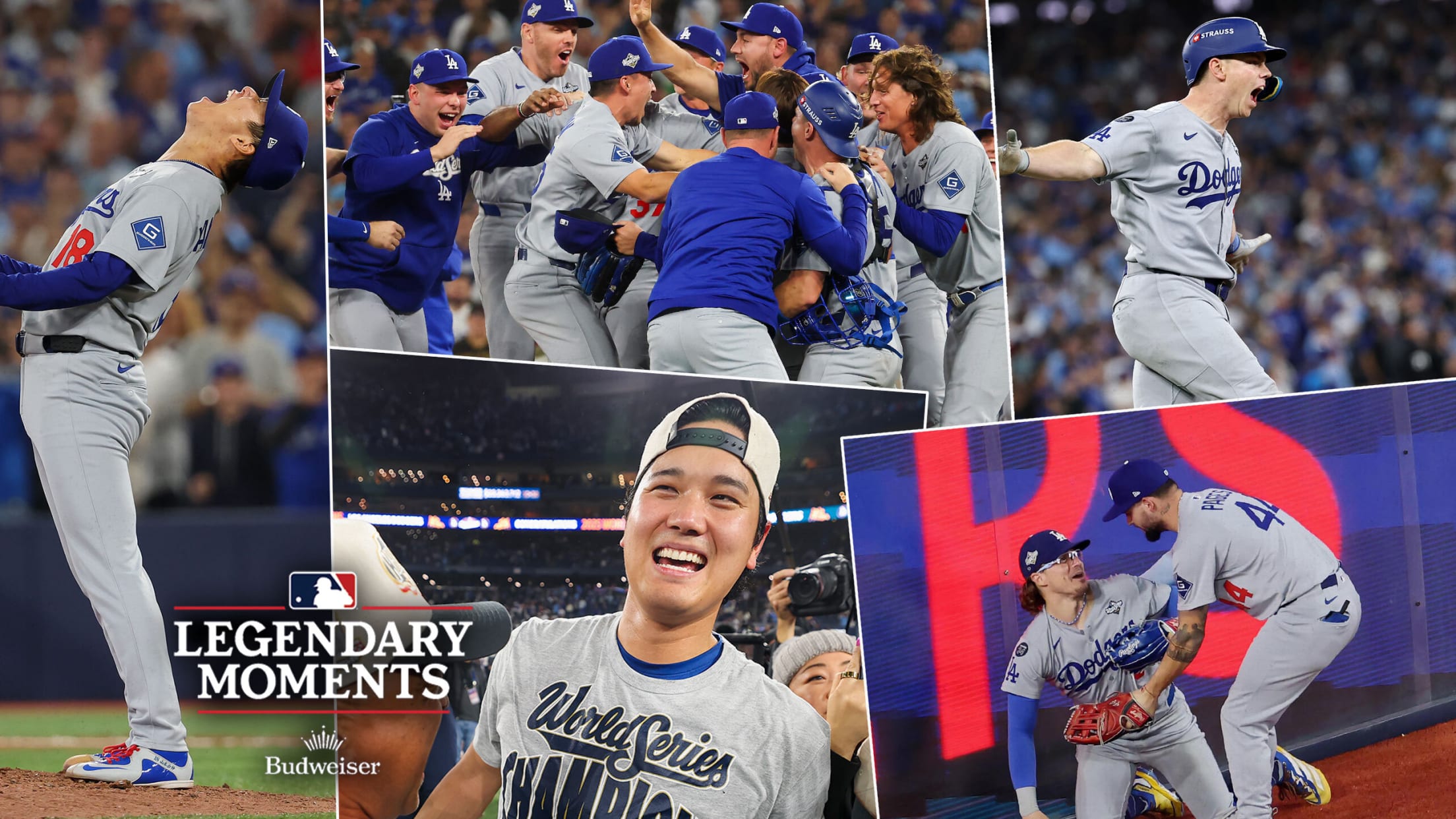 Images of Game 7 of Yoshinobu Yamamoto, the Dodgers celebrating, Will Smith, Kiké Hernandez and Andy Pages, and Shohei Ohtani