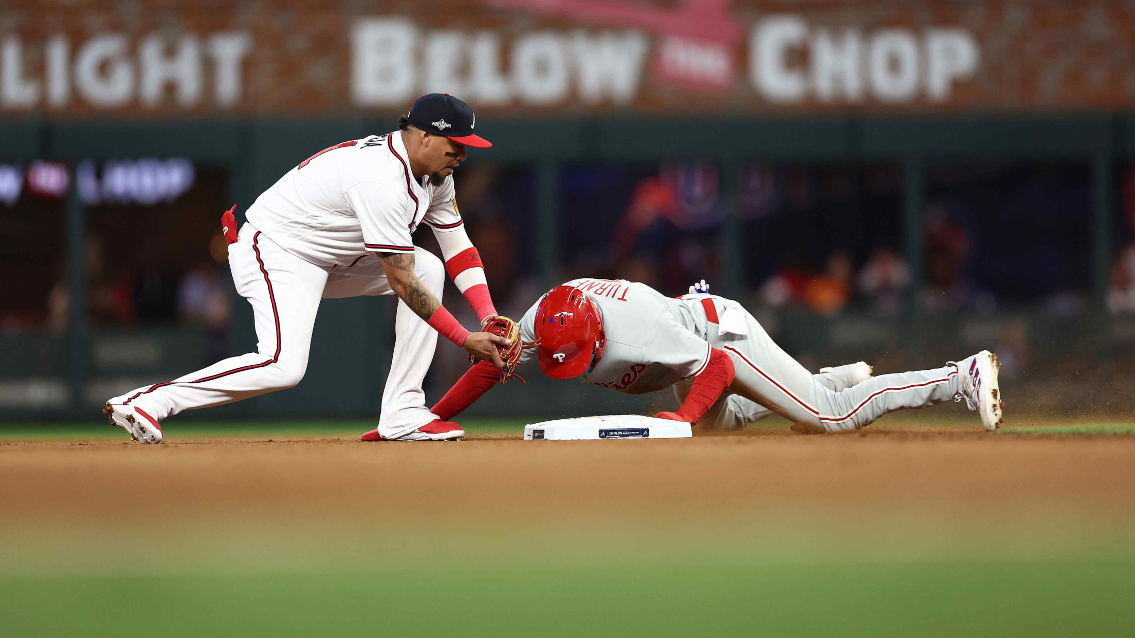 Orlando Arcia tags Trea Turner late after he steals second base