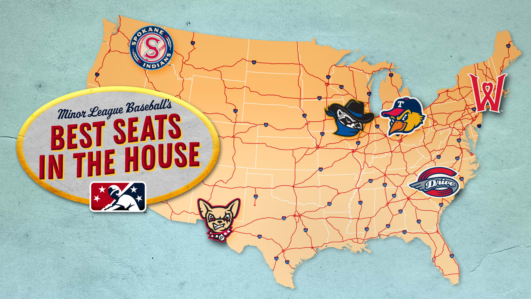 A map of the continental U.S. with six Minor League team logos scattered across it