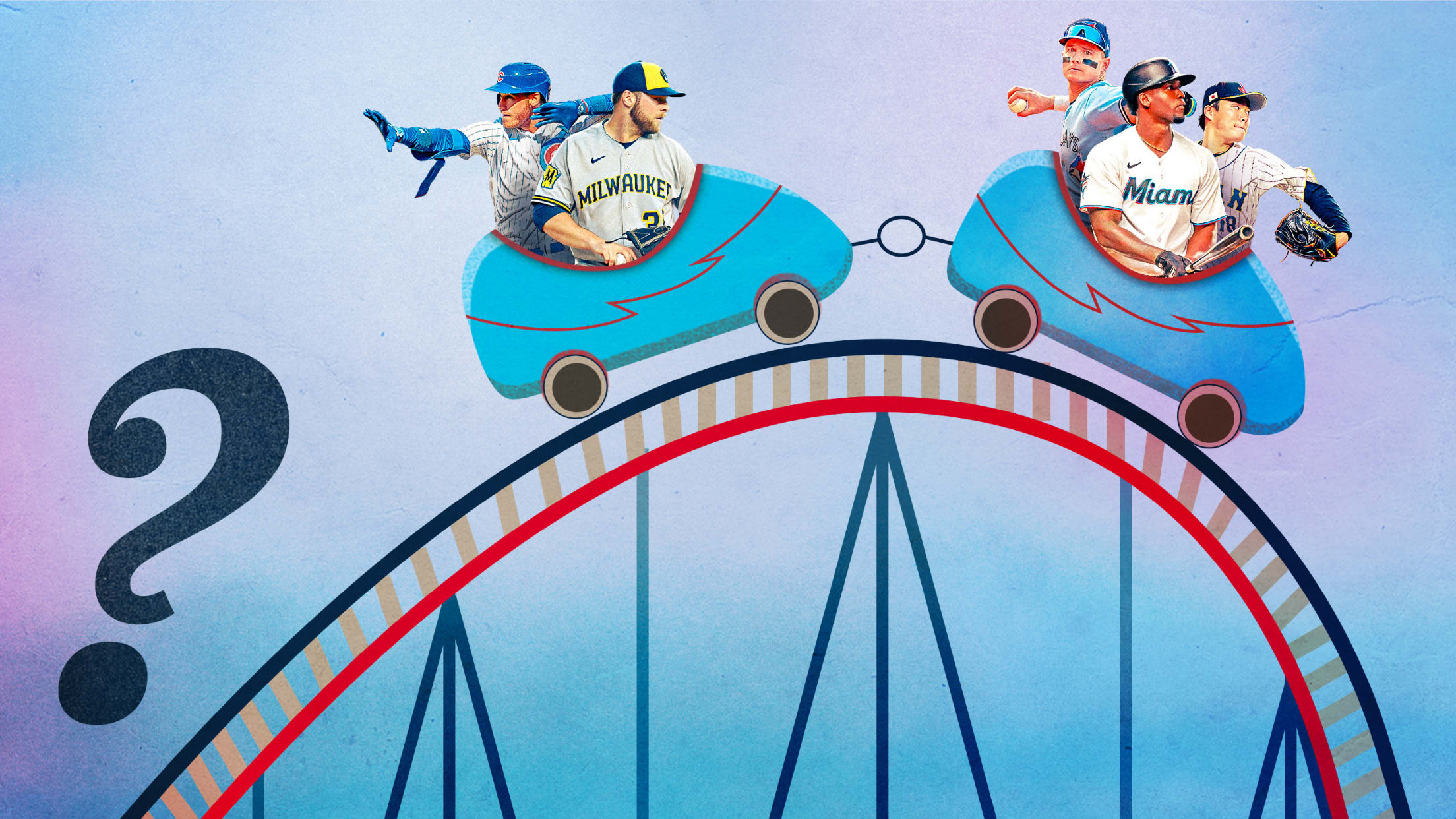 A photo illustration with five players in two roller coaster cars