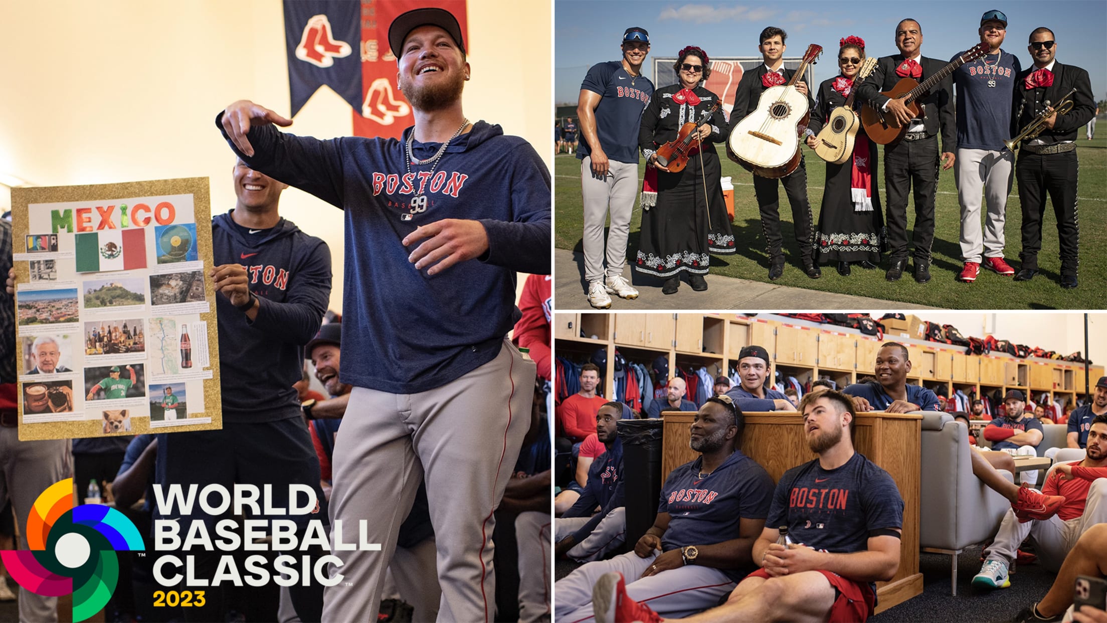 A combination of three photos showing a Red Sox player speaking in front of a poster that says ''Mexico,'' two players with a group of mariachi singers, and players in the clubhouse listening to a presentation