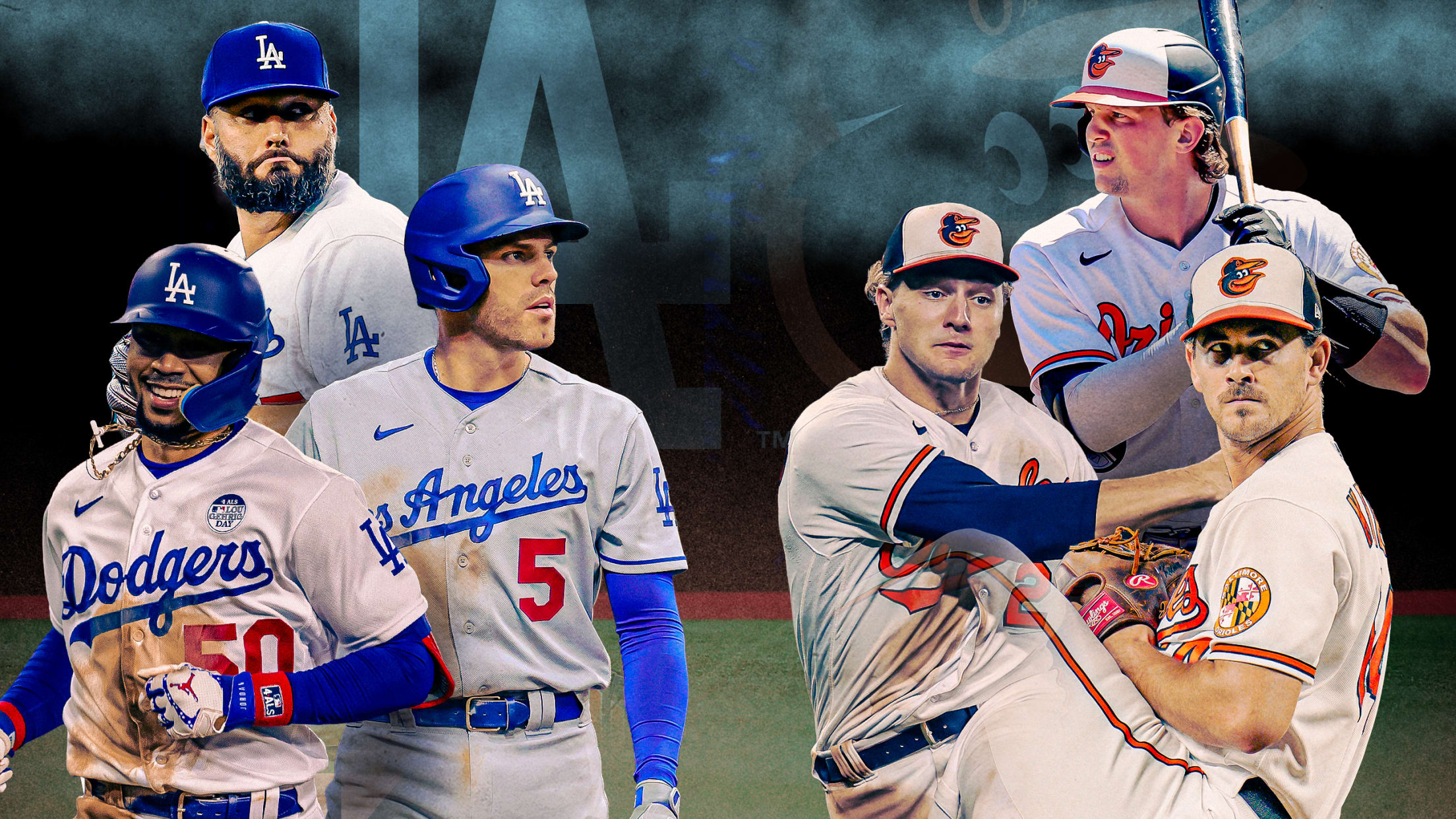 Three Dodgers players and three Orioles players are pictured in front of their team logos