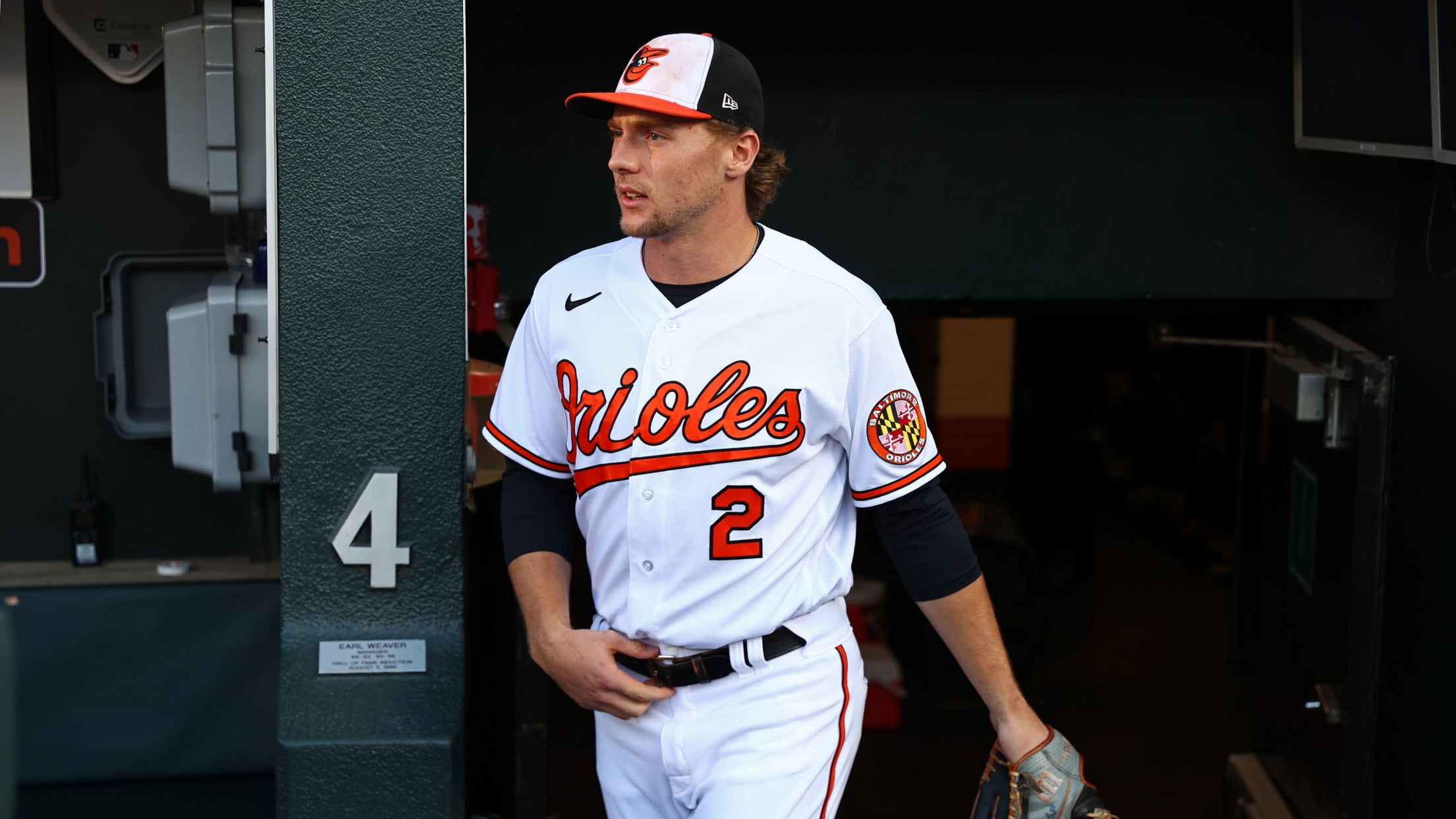 BALTIMORE, MD - AUGUST 06: Baltimore Orioles designated hitter Adley  Rutschman (35) looks on during an MLB game against the New York Mets on  August 06, 2023 at Oriole Park at Camden