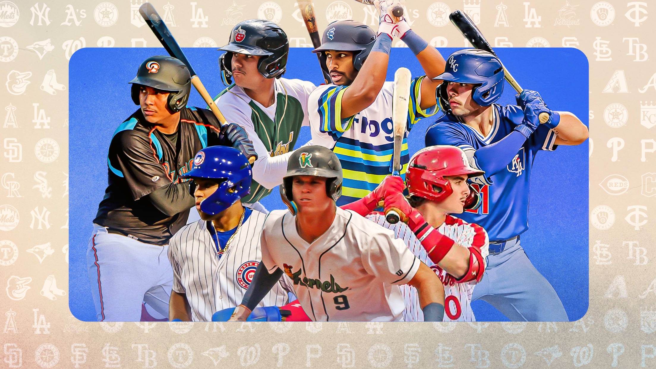 A photo illustration featuring 7 hitting prospects