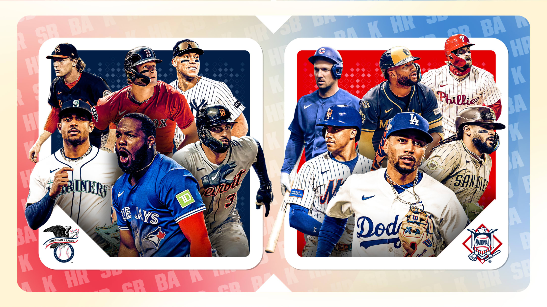 Gunnar Henderson, Roman Anthony, Aaron Judge, Julio Rodríguez, Vladimir Guerrero Jr., Riley Greene, Alex Bregman, Jackson Chourio, Bryce Harper, Juan Soto, Mookie Betts and Fernando Tatis Jr.