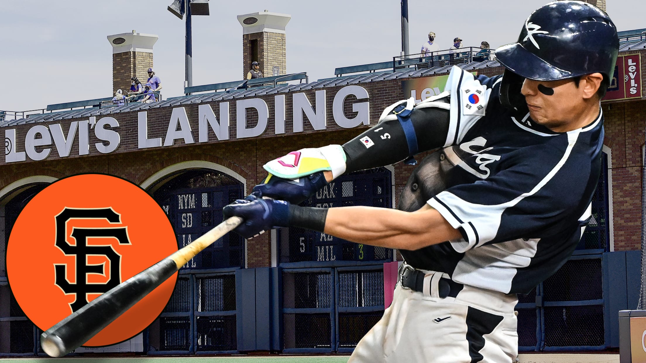 A photo illustration of Jung Hoo Lee batting against a backdrop of Oracle Park