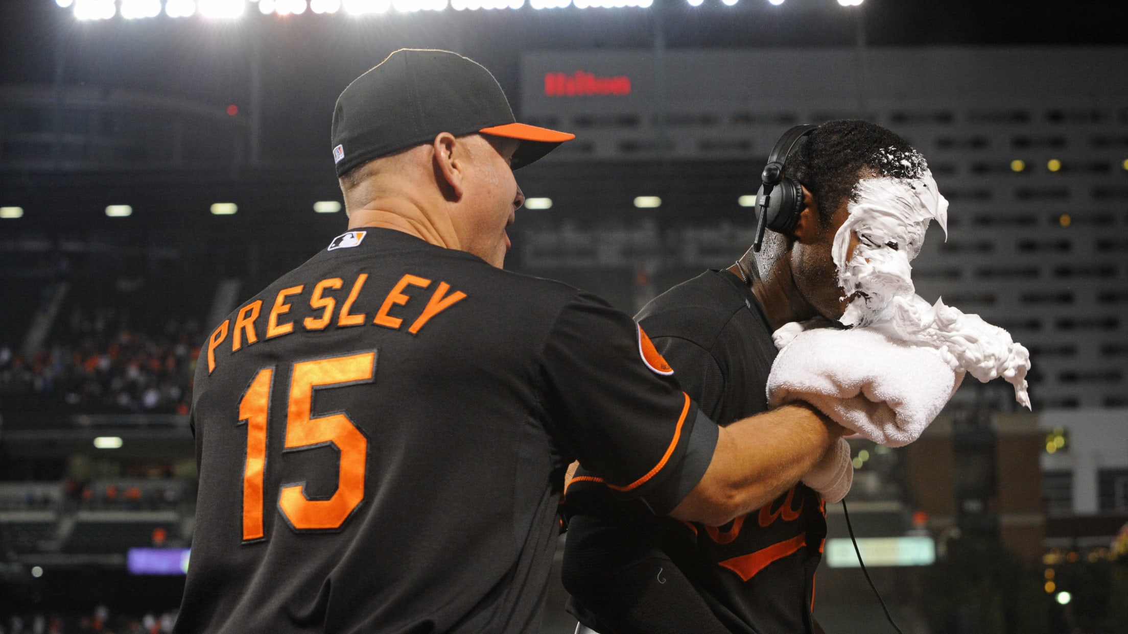 Baltimore Orioles Adam Jones celebrates with fans after the