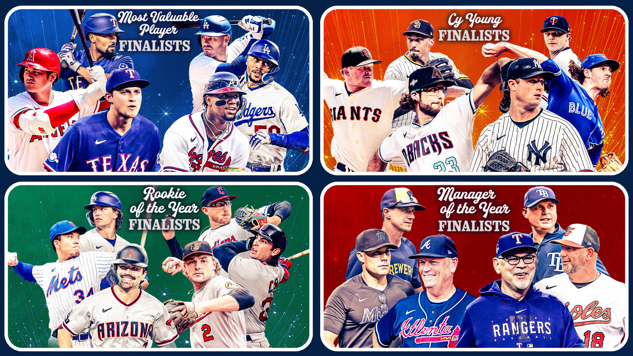 One box for each of the four major BBWAA awards features pics of the three finalists in each league for the corresponding award