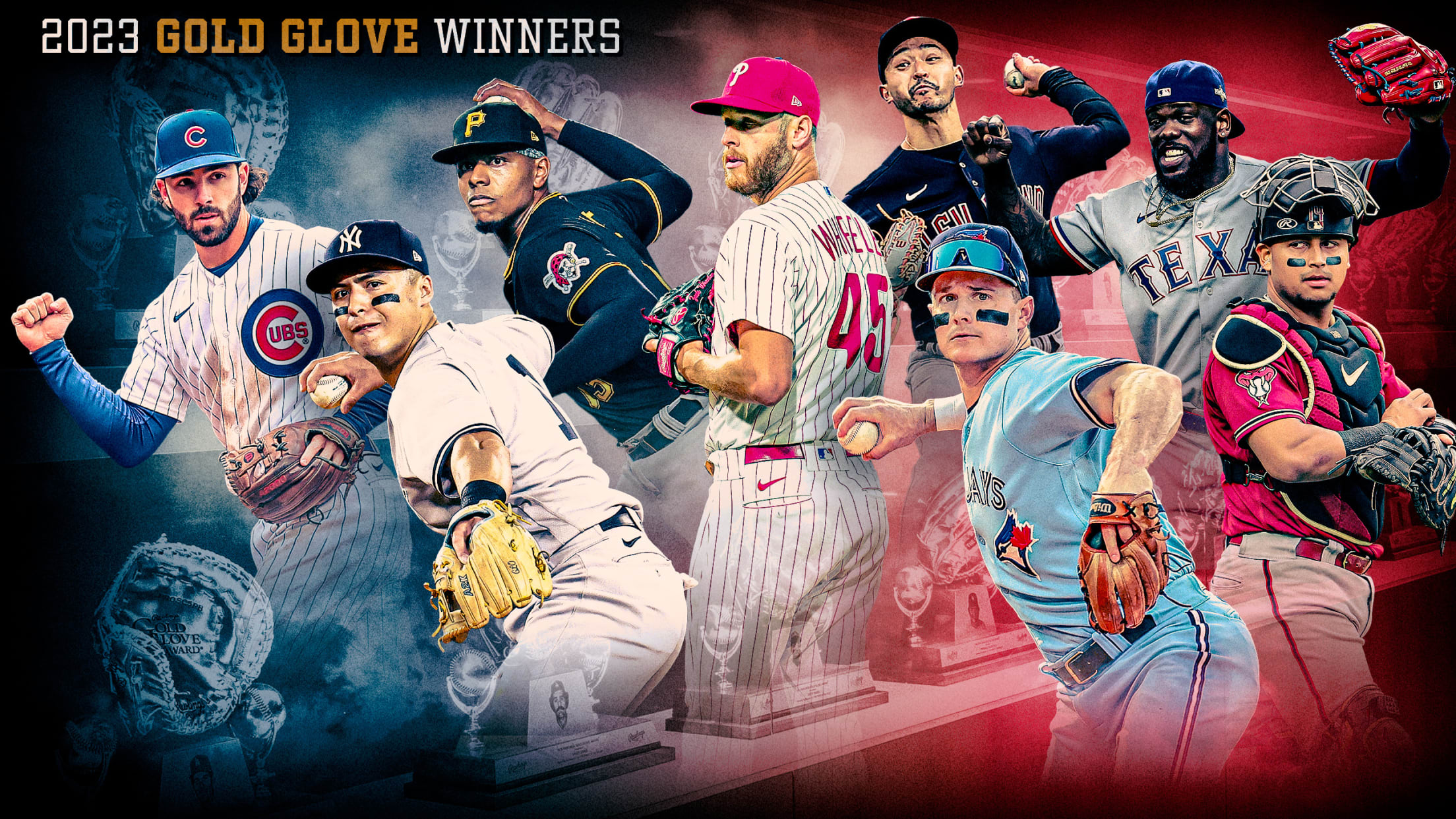 Eight players are pictured with two rows of Gold Glove Award trophies in the background