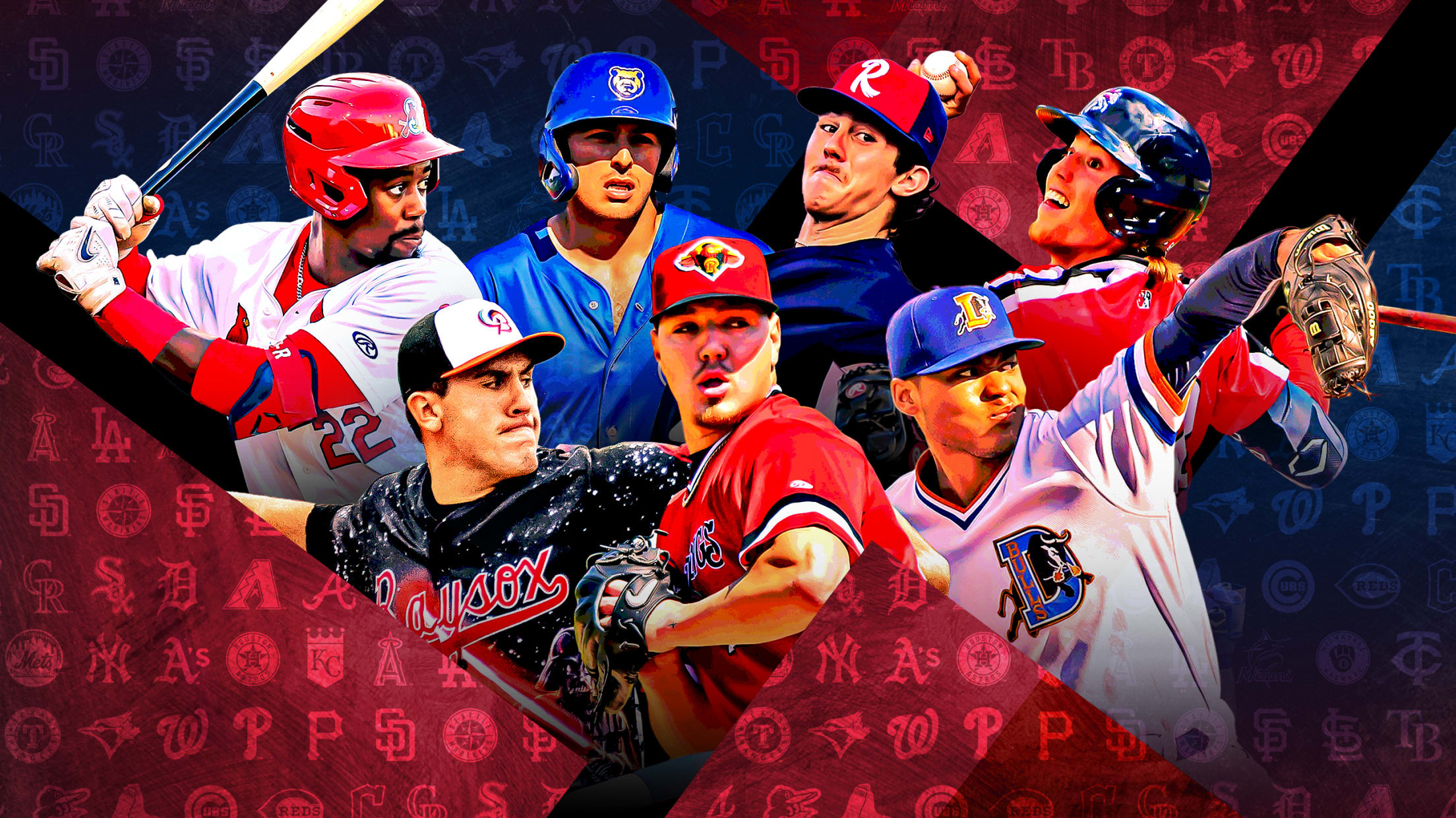 A photo illustration showing 7 prospects against a red, black and blue background