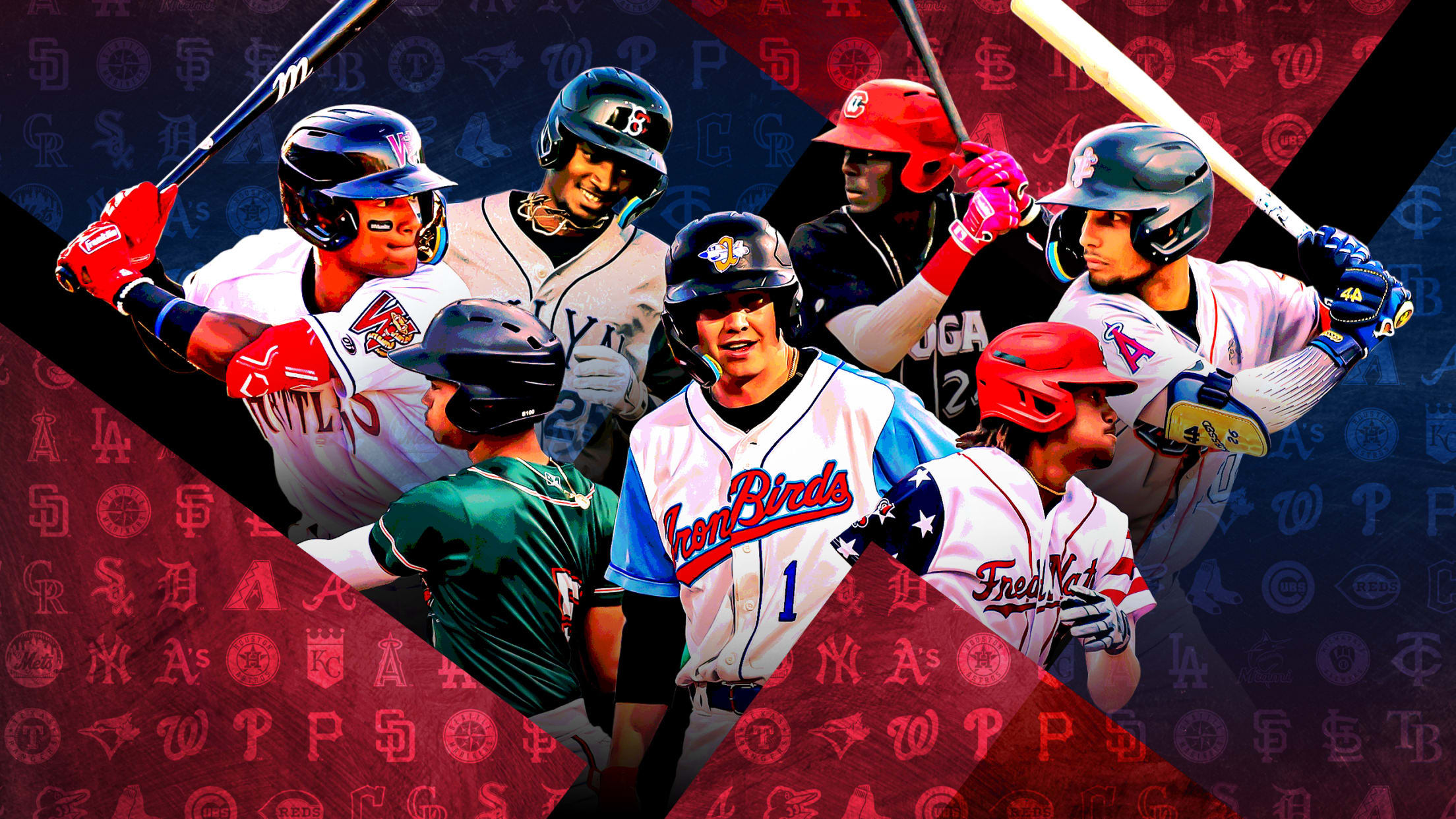 A photo illustration of 7 prospects in various playing poses against a red-and-blue background