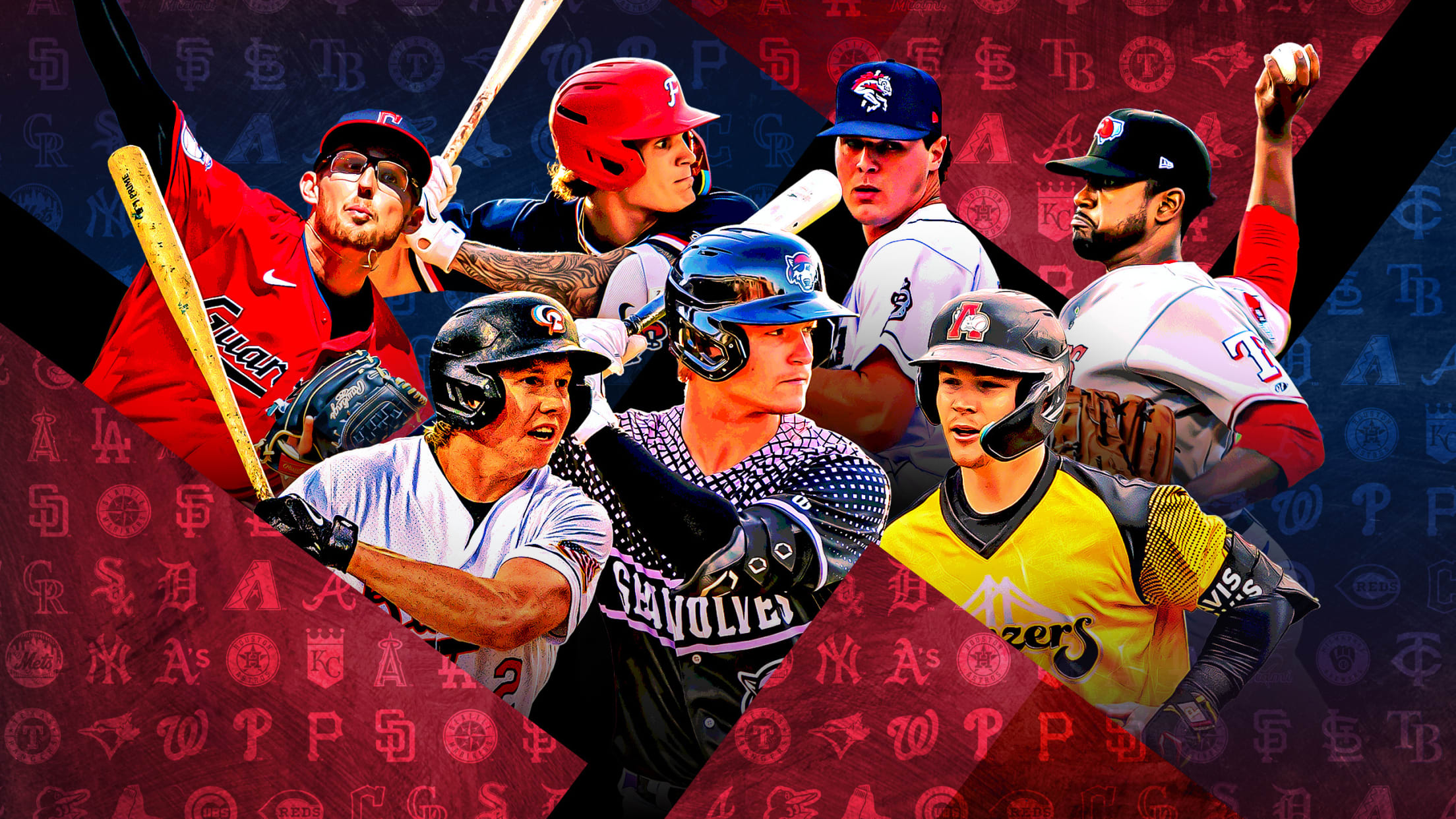 A photo illustration of seven prospects among angled red and blue squares with team logos inside them