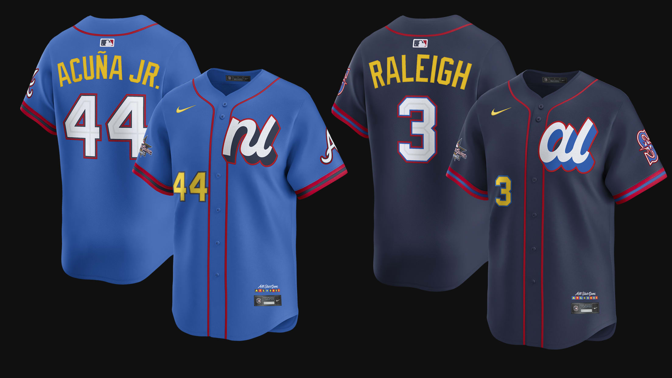 A light-blue Ronald Acuña Jr. NL jersey with No. 44 on the back and a navy blue Cal Raleigh AL jersey with No. 3 on the back