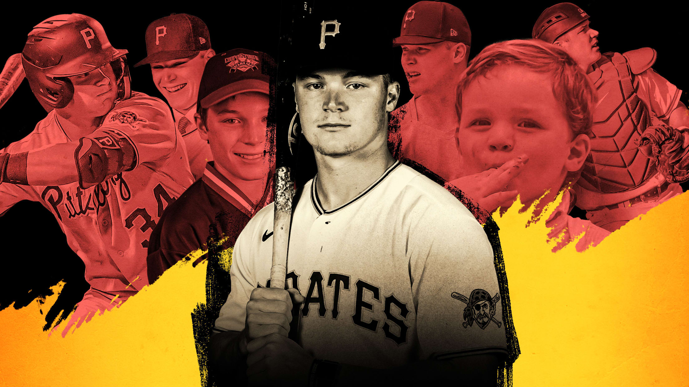 A photo illustration centered on a portrait of Pirates prospect Henry Davis and other images of him in the background