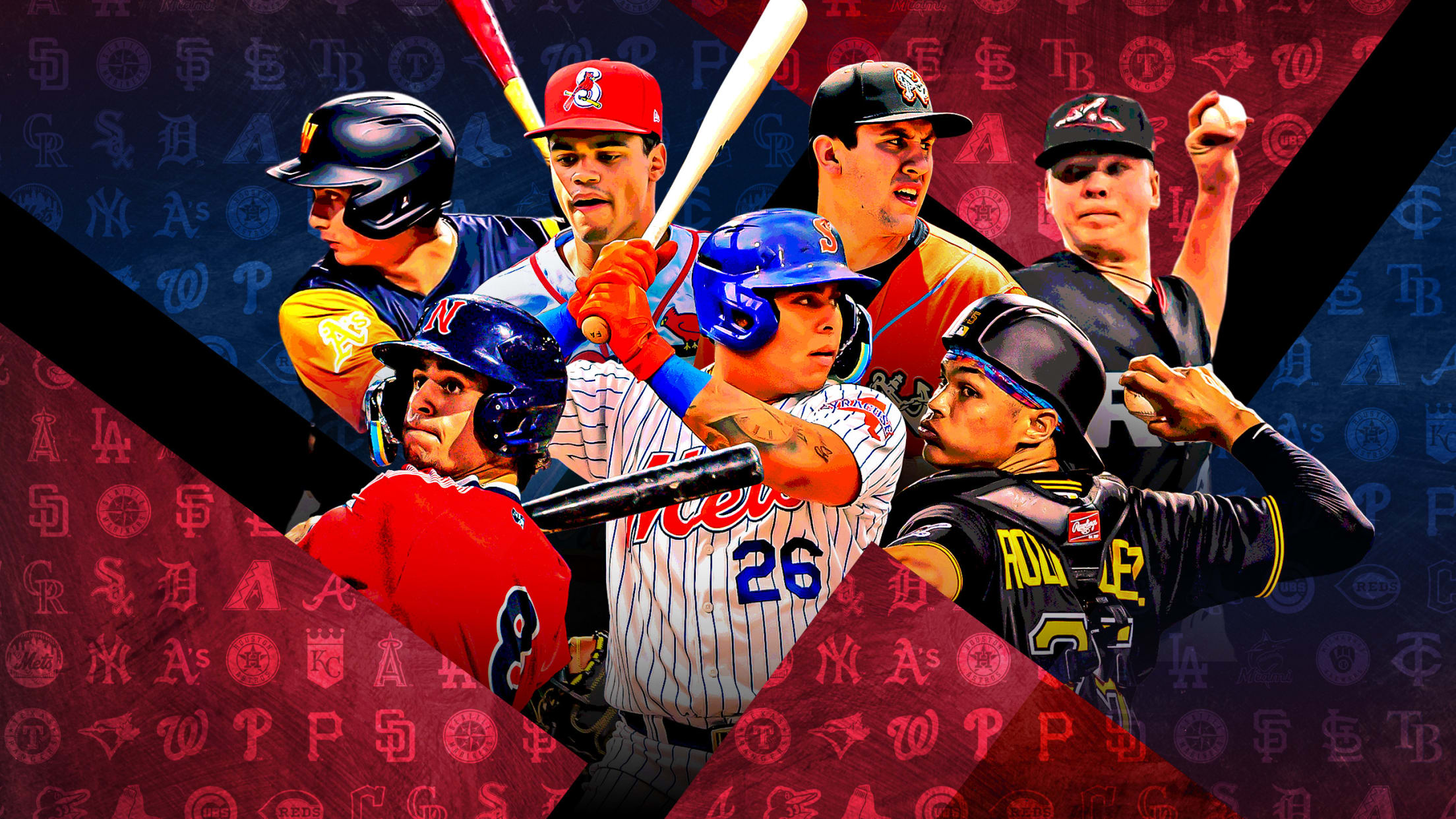 A collage of seven prospects in a cluster amid red and blue triangles with a grid of MLB team logos