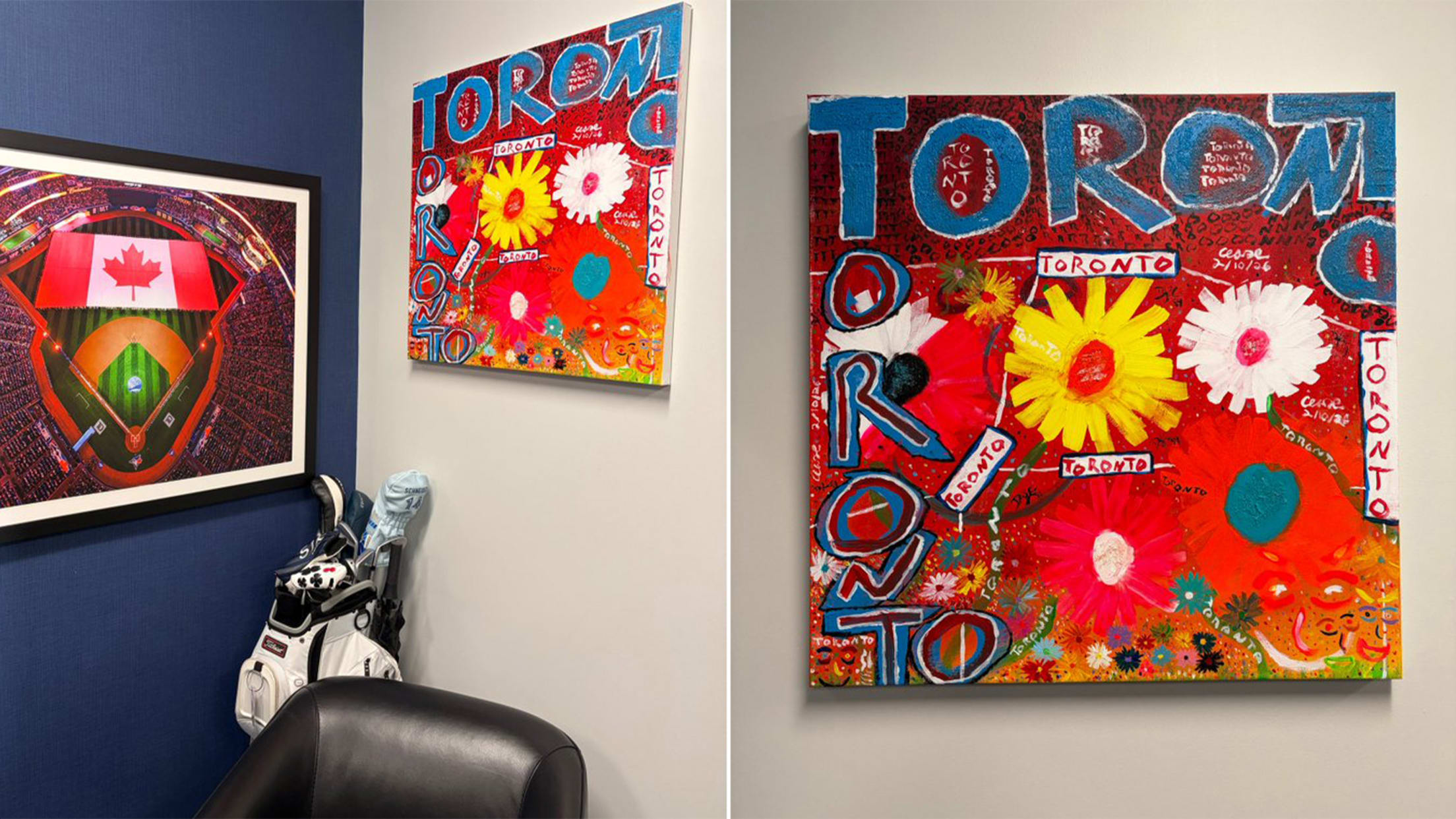 Two paintings celebrating Canada and Toronto hanging in the Blue Jays manager's office