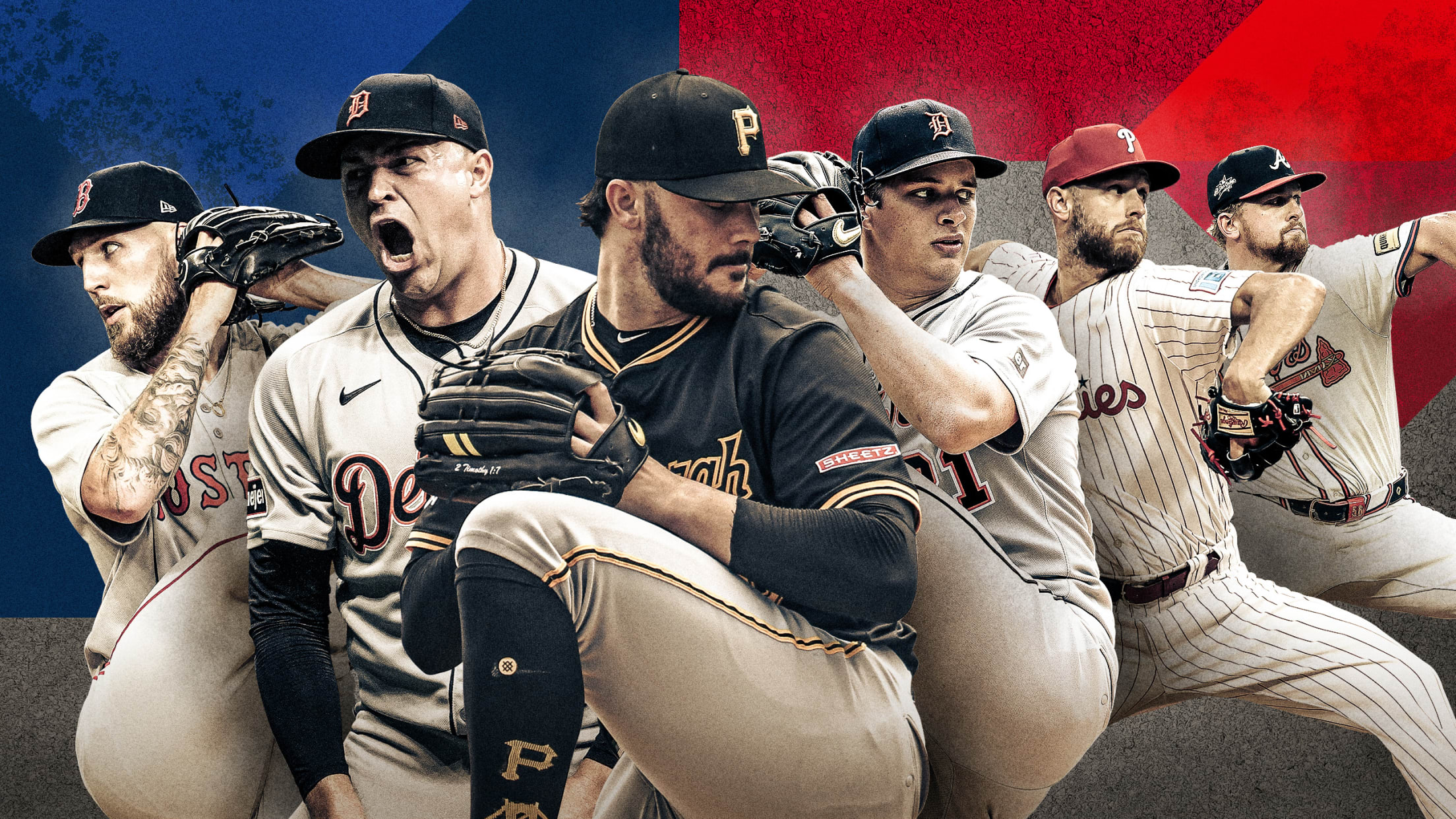 A collection of action images of pitchers Garrett Crochet, Tarik Skubal, Paul Skenes, Jackson Jobe, Zack Wheeler and Spencer Schwellenbach in front of a blue and red background