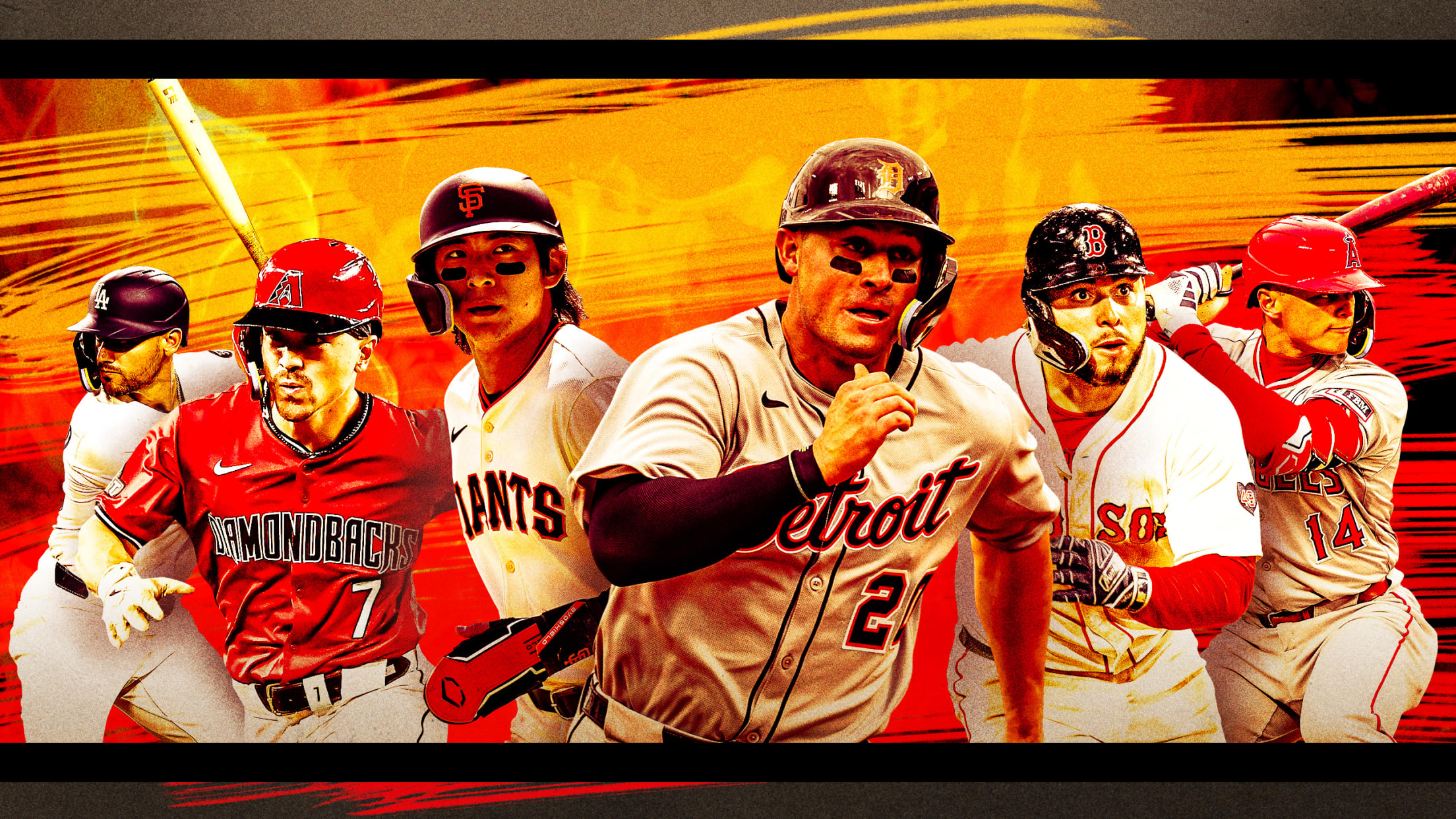 Images of Michael Conforto, Corbin Carroll, Jung Hoo Lee, Spencer Torkelson, Wilyer Abreu and Logan O'Hoppe against a red-orange background