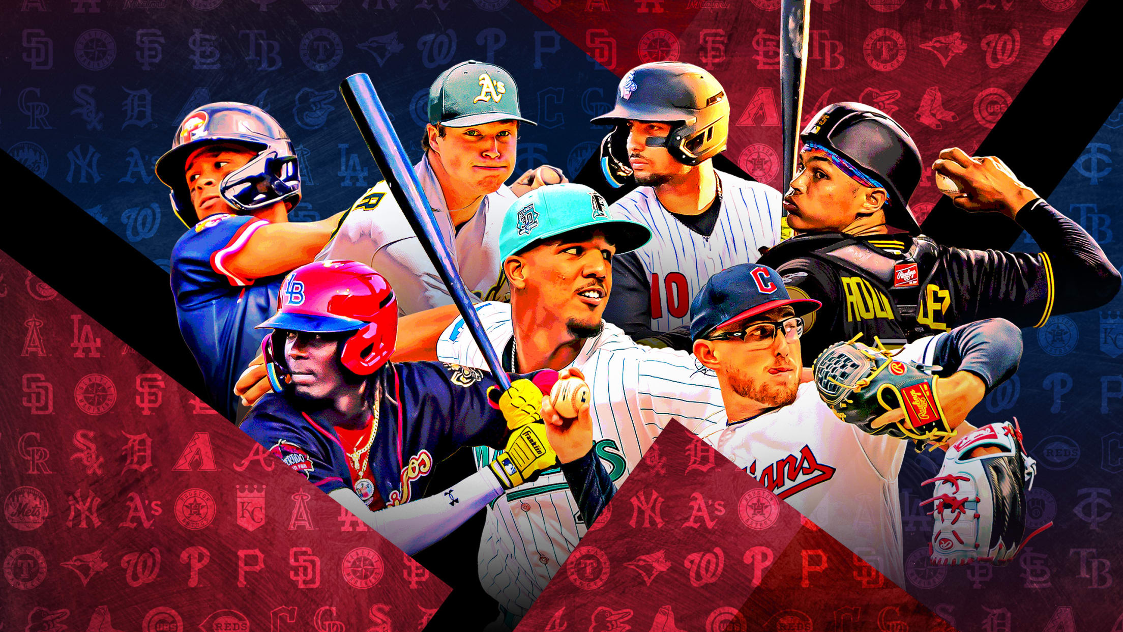 A photo illustration with seven prospects clustered among red and blue squares at angles