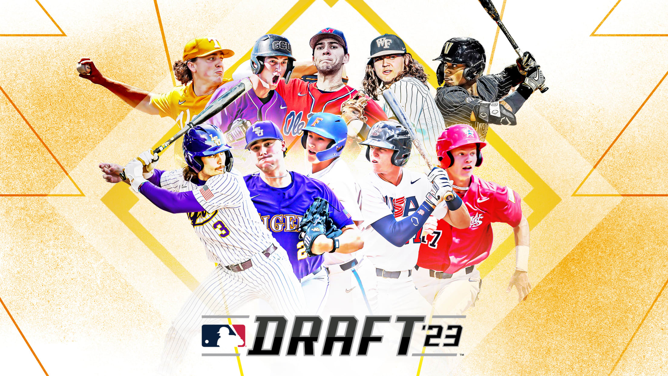 A photo illustration of 10 prospects clustered amid a yellow-tinted baseball diamond