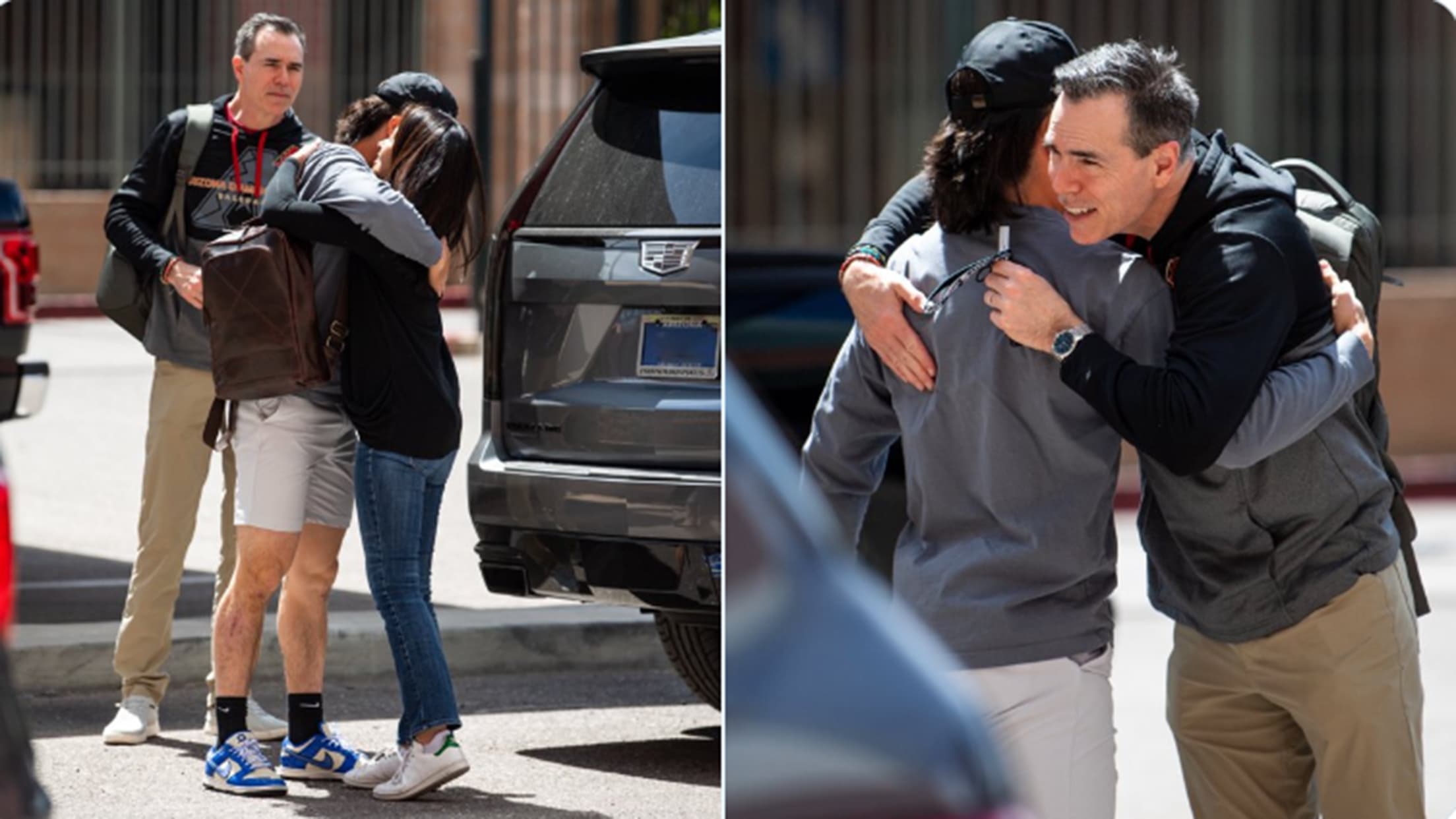 Side-by-side pictures of D-backs rookie Corbin Carroll hugging his parents next to a car