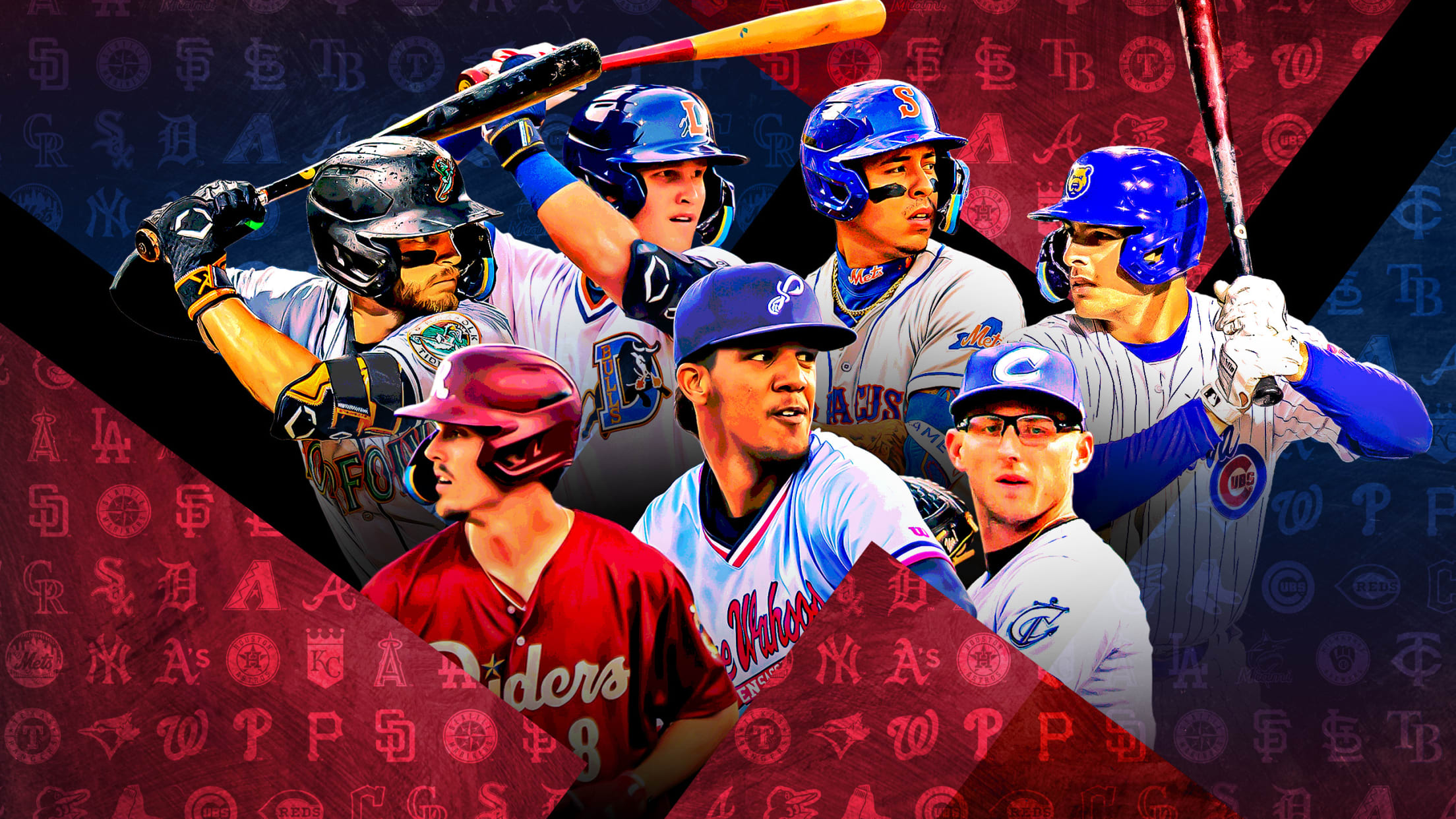 A photo illustration of seven prospects on a red and blue background