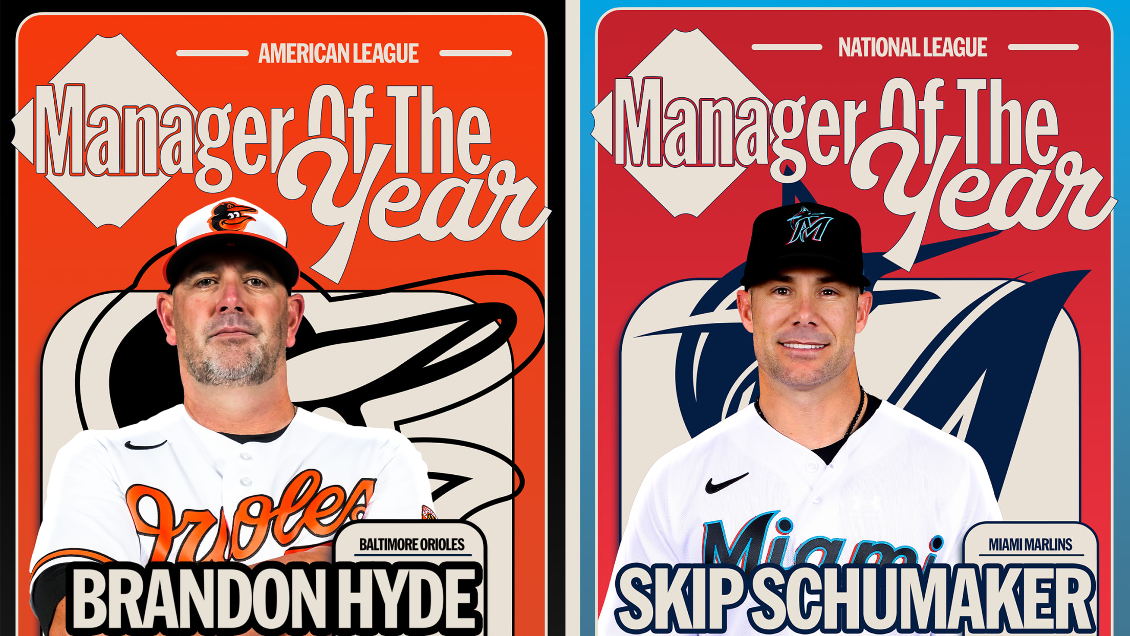 AL Manager of the Year Brandon Hyde and NL Manager of the Year Skip Schumaker
