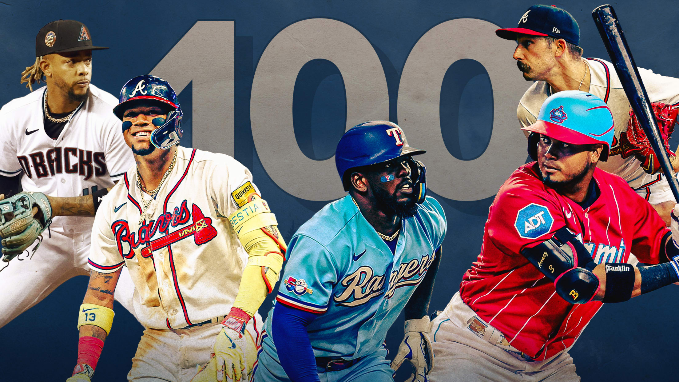 Ketel Marte, Ronald Acuña Jr., Adolis García, Luis Arraez and Spencer Strider are pictured with the number 100