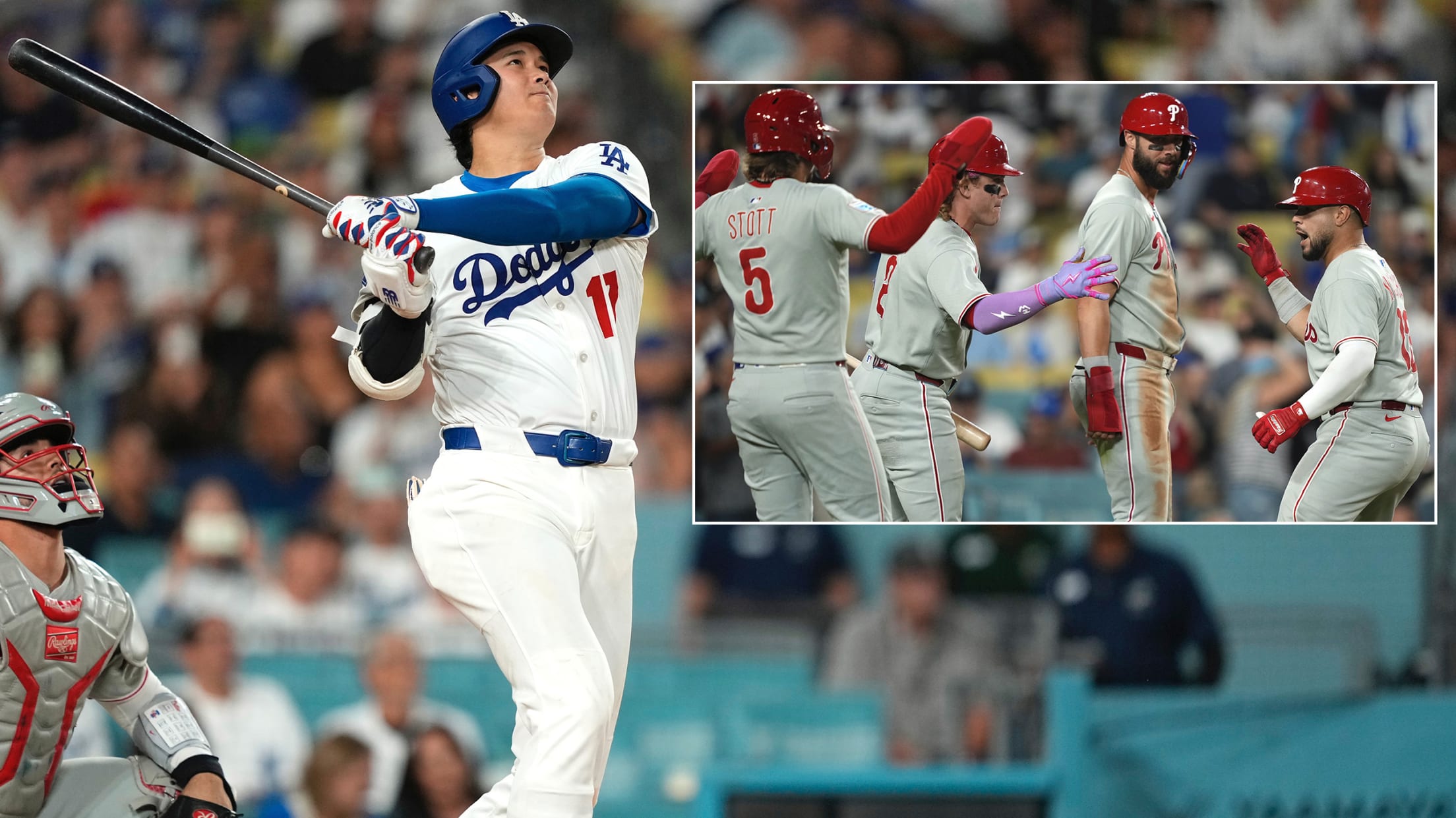 Images of Shohei Ohtani watching a home run and of four Phillies celebrating at home plate