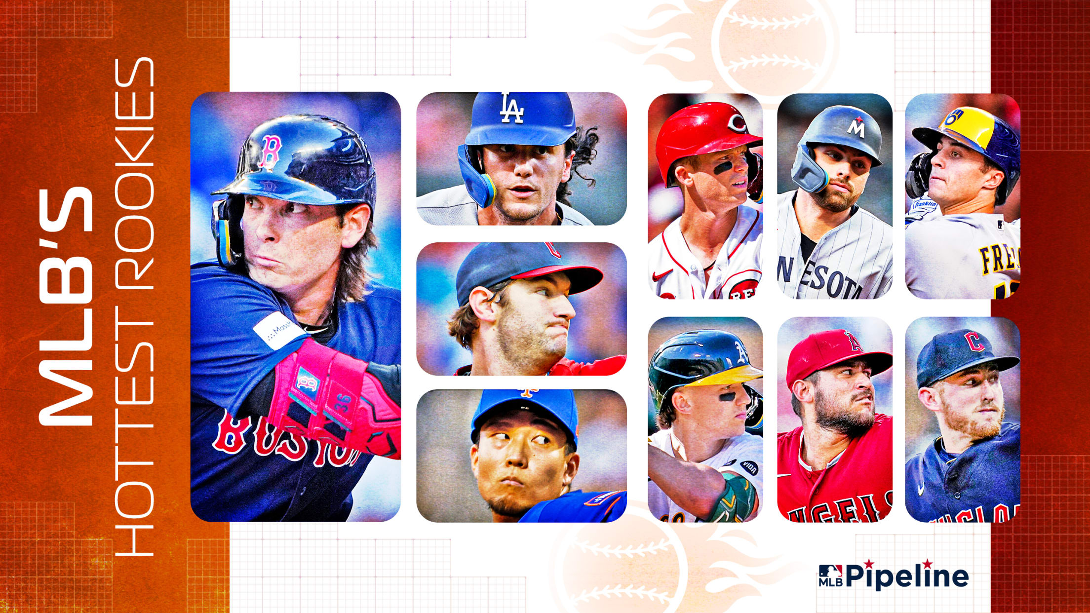 A grid containing the headshots of 10 MLB rookies