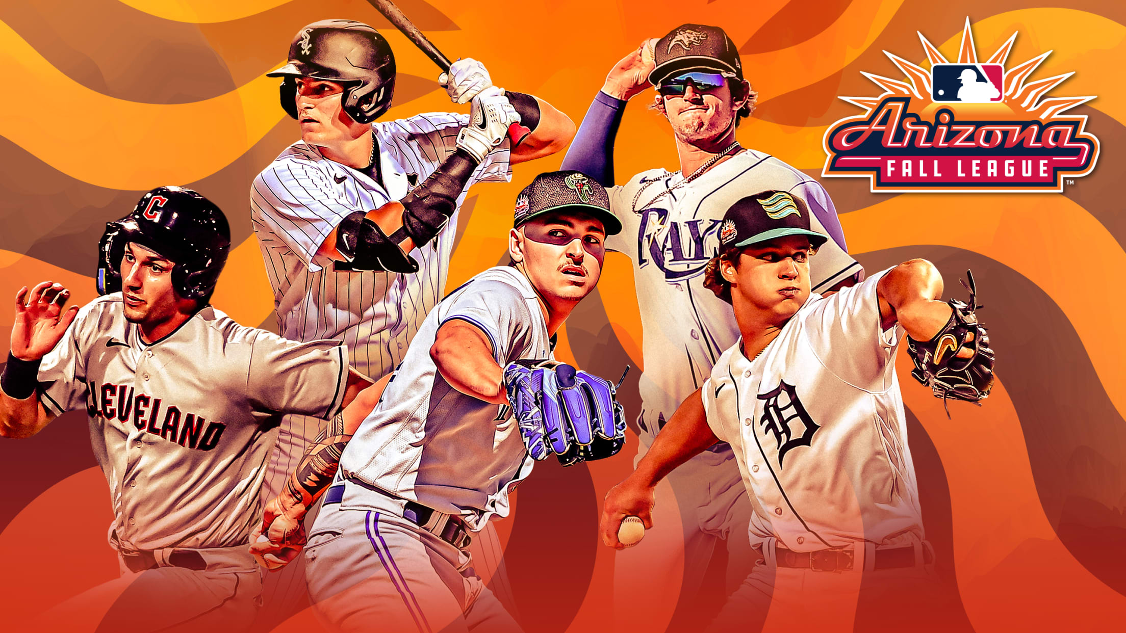 A photo illustration of 5 prospects in the Arizona Fall League