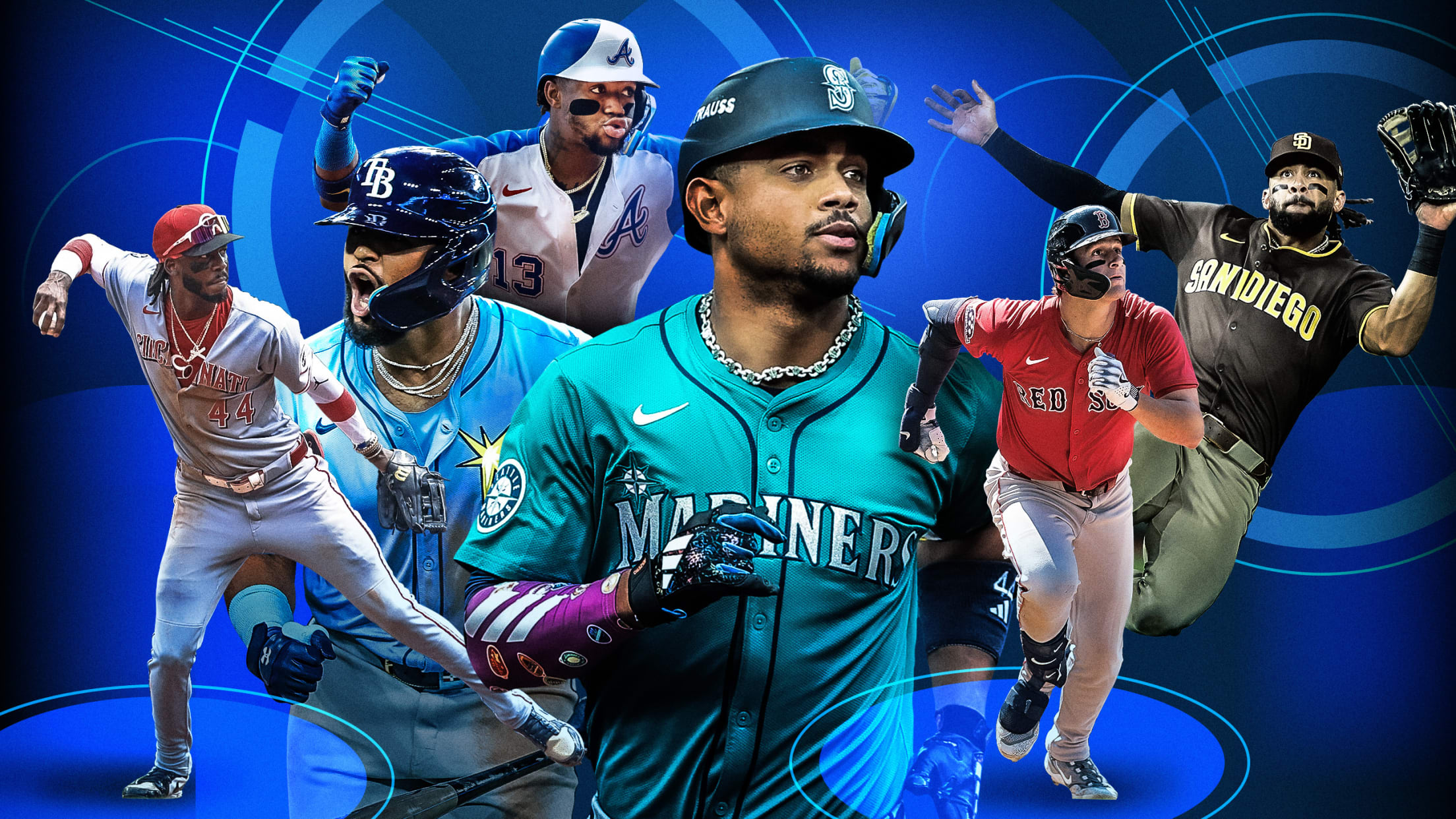 Elly De La Cruz, Junior Caminero, Ronald Acuña Jr., Julio Rodríguez, Roman Anthony and Fernando Tatis Jr.