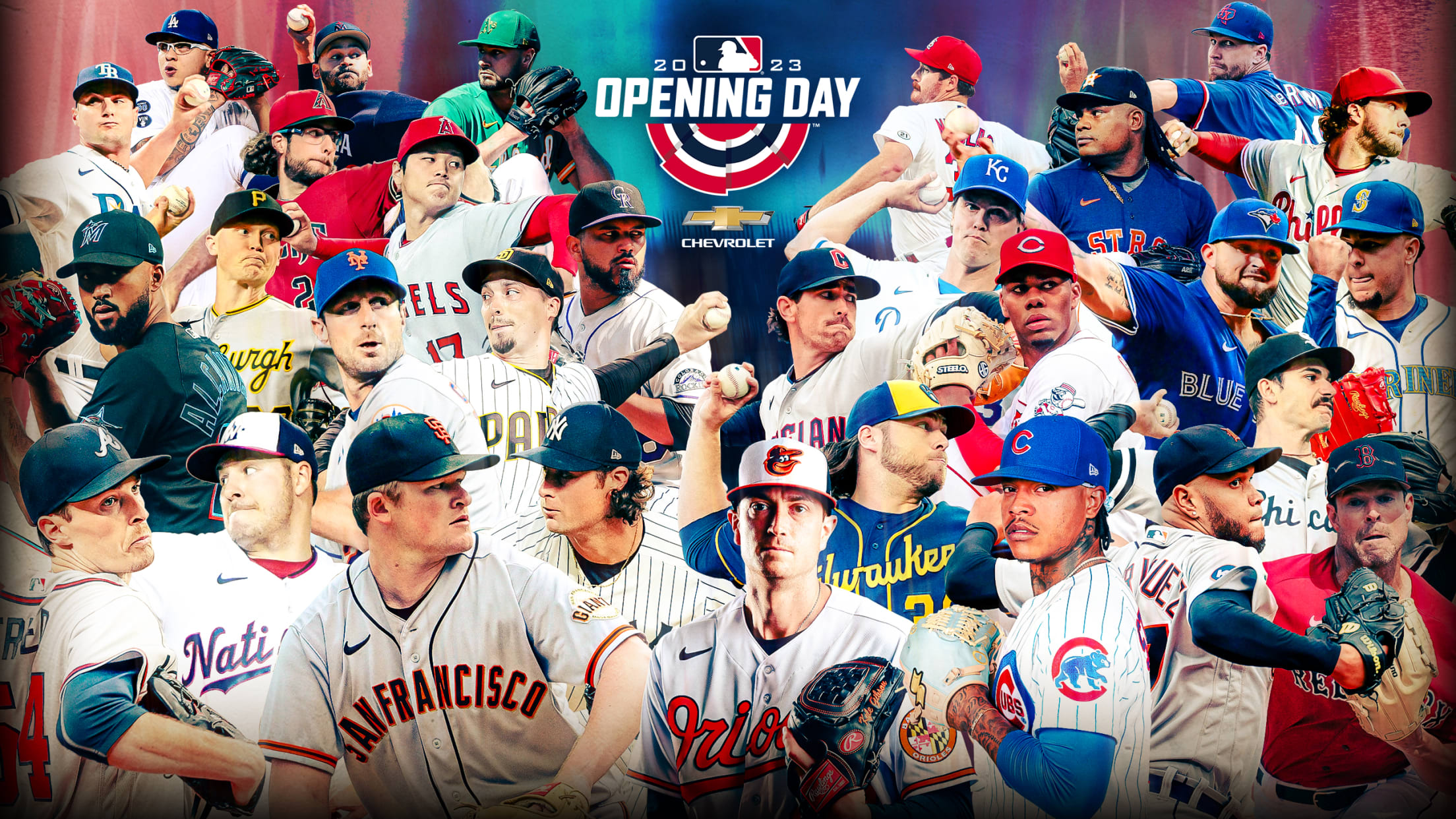 A collage featuring all 30 Opening Day starting pitchers and a logo reading ''2023 Opening Day''