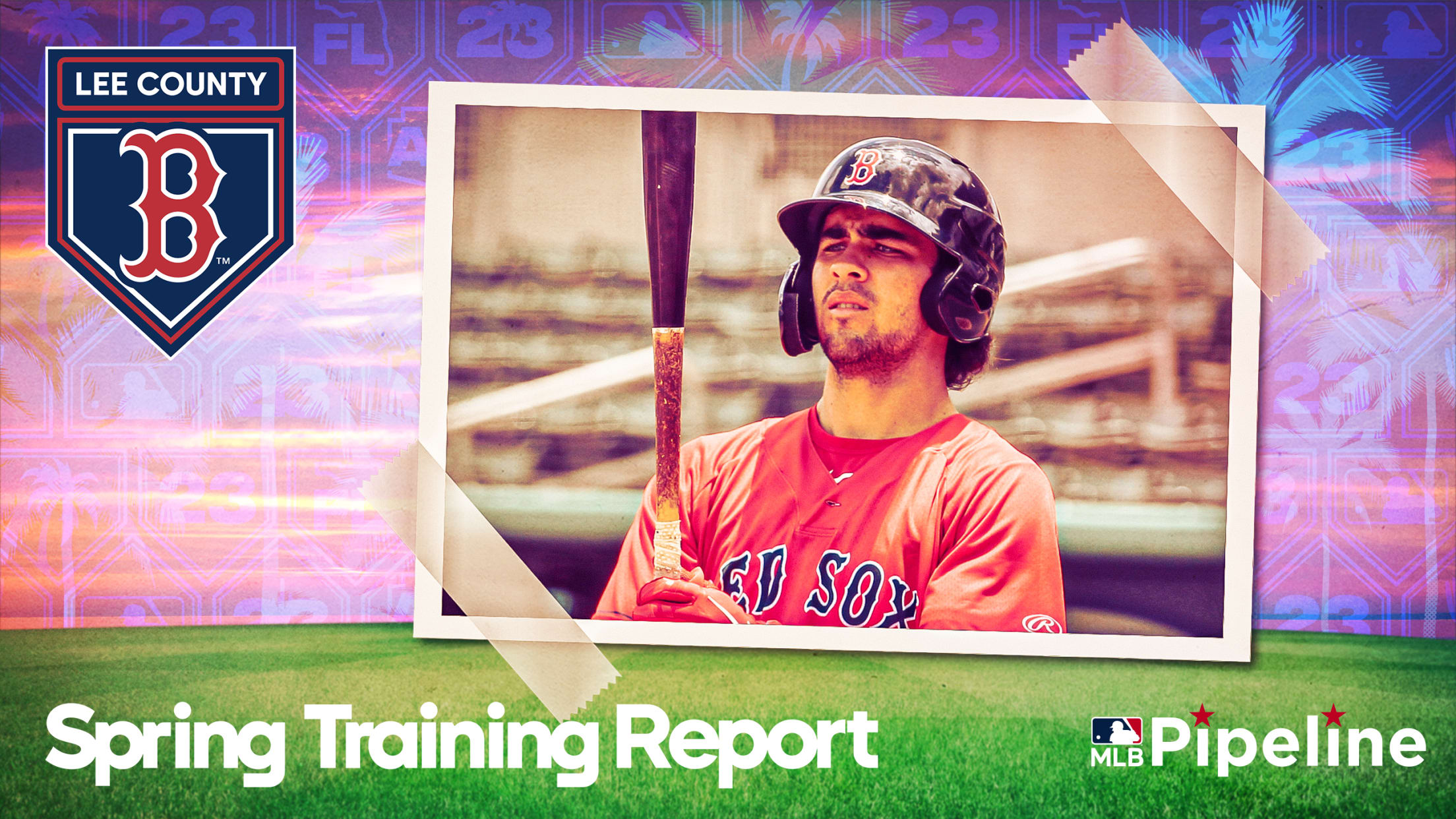 A photo illustration of a player holding a bat within a frame over a pastel-tinted background of grass and palm trees