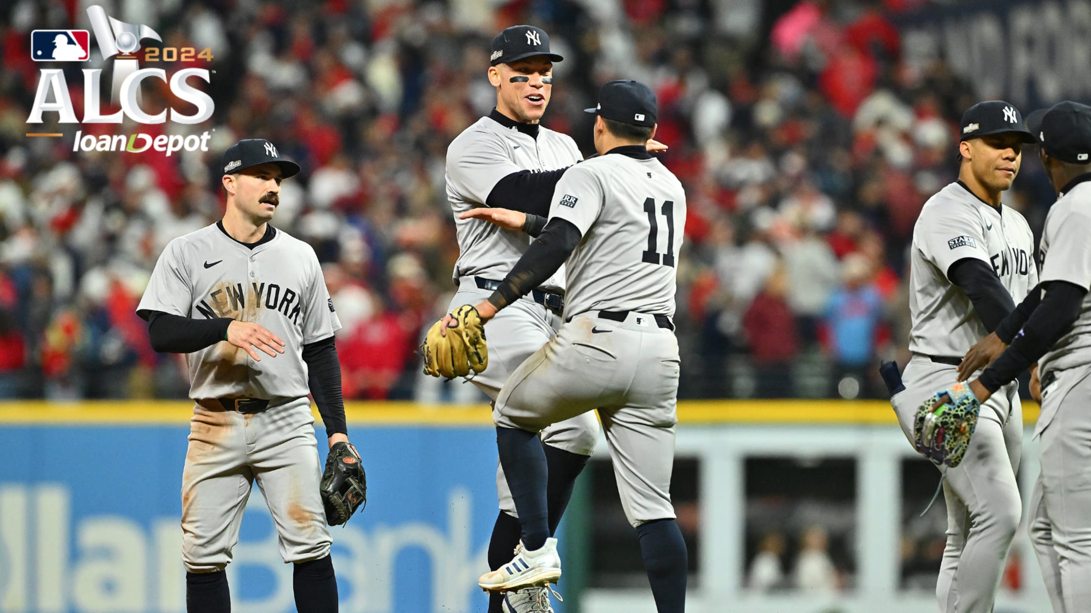 The Yankees celebrate their ALCS Game 4 victory