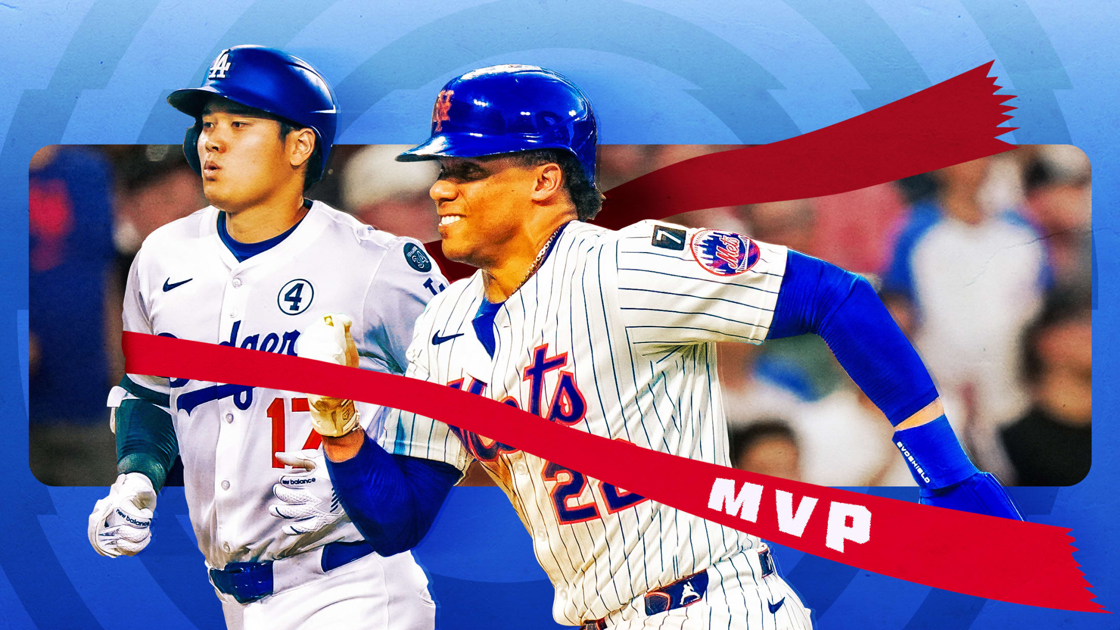 A photo illustration of Shohei Ohtani breaking the tape to win an MVP race against Juan Soto A photo illustration of Shohei Ohtani breaking the tape to win an MVP race against Juan Soto