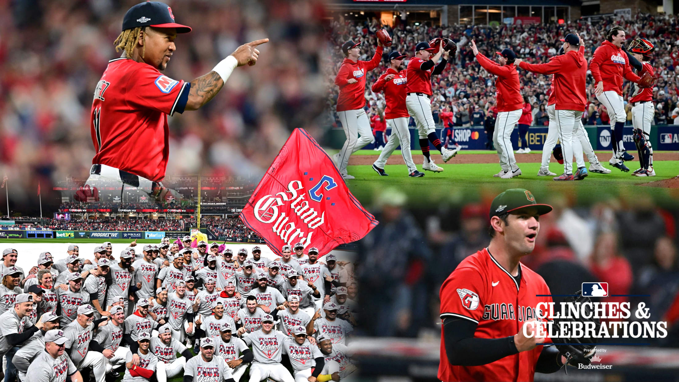 Images from Game 5, including José Ramírez, the team celebrating, Gavin Williams and a group photo