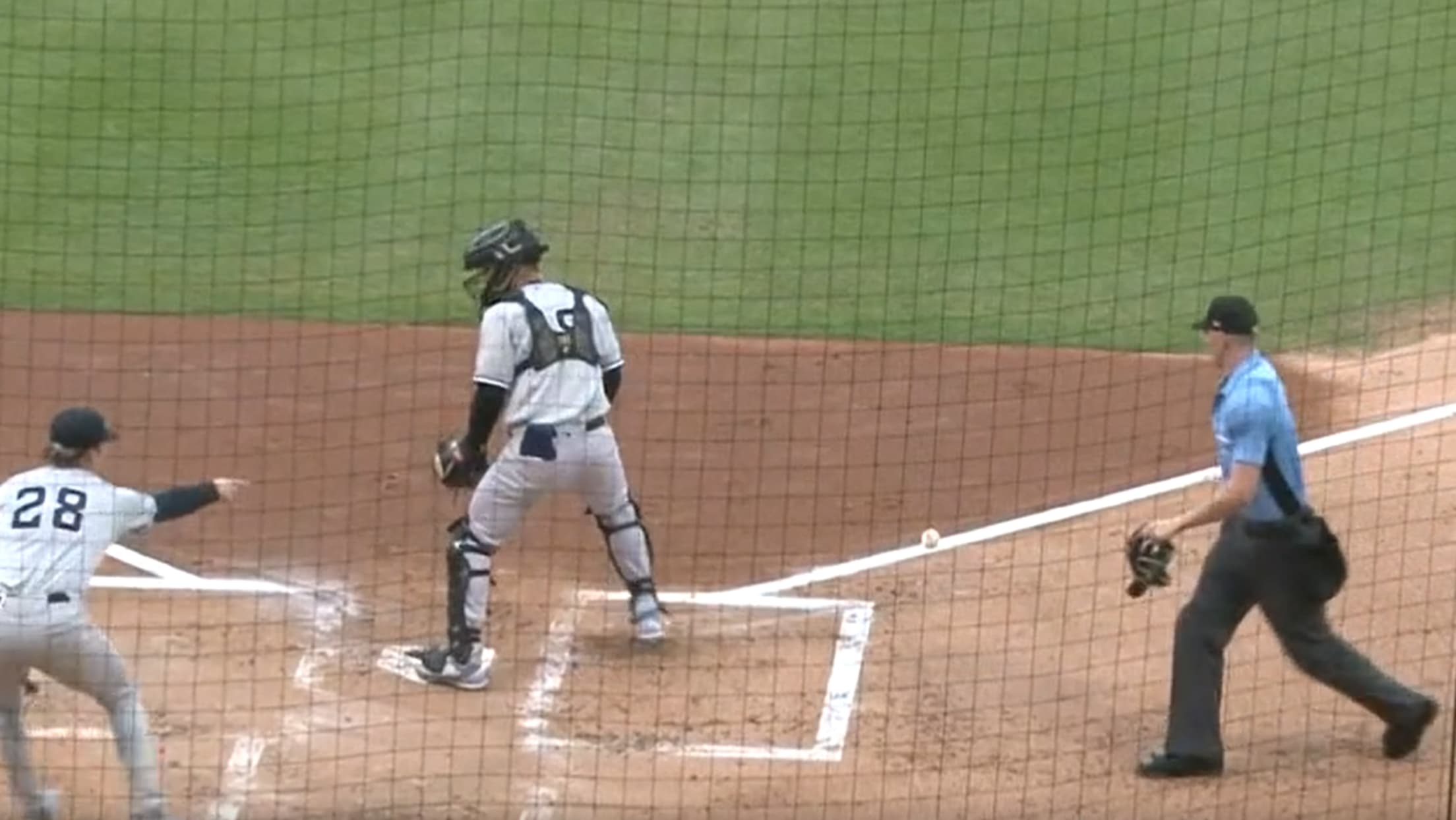 A player points as a catcher stands by home plate looking down