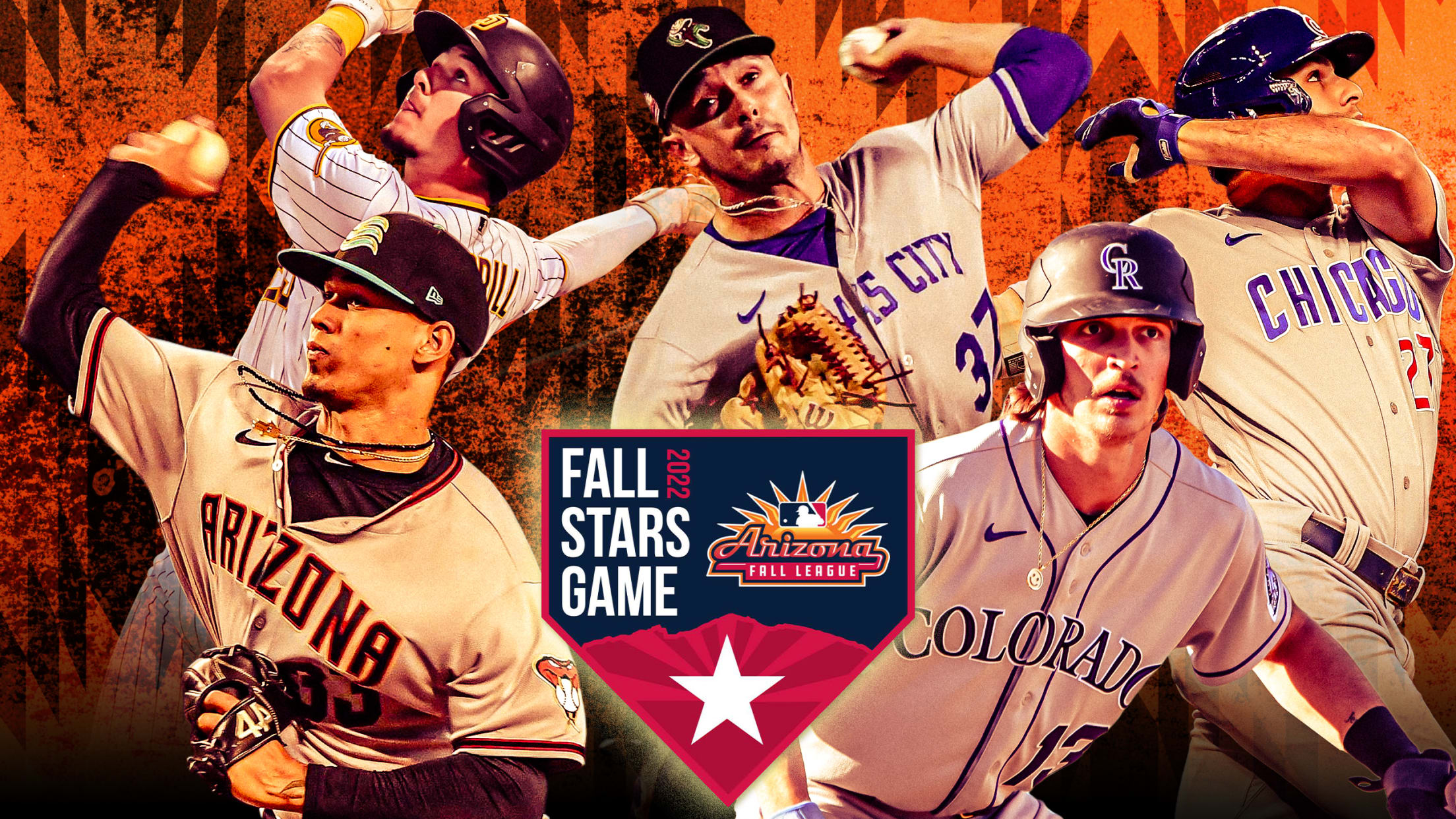 A designed image showing 5 prospects against an orange background with a home-plate shaped logo reading ''Fall Stars Game''