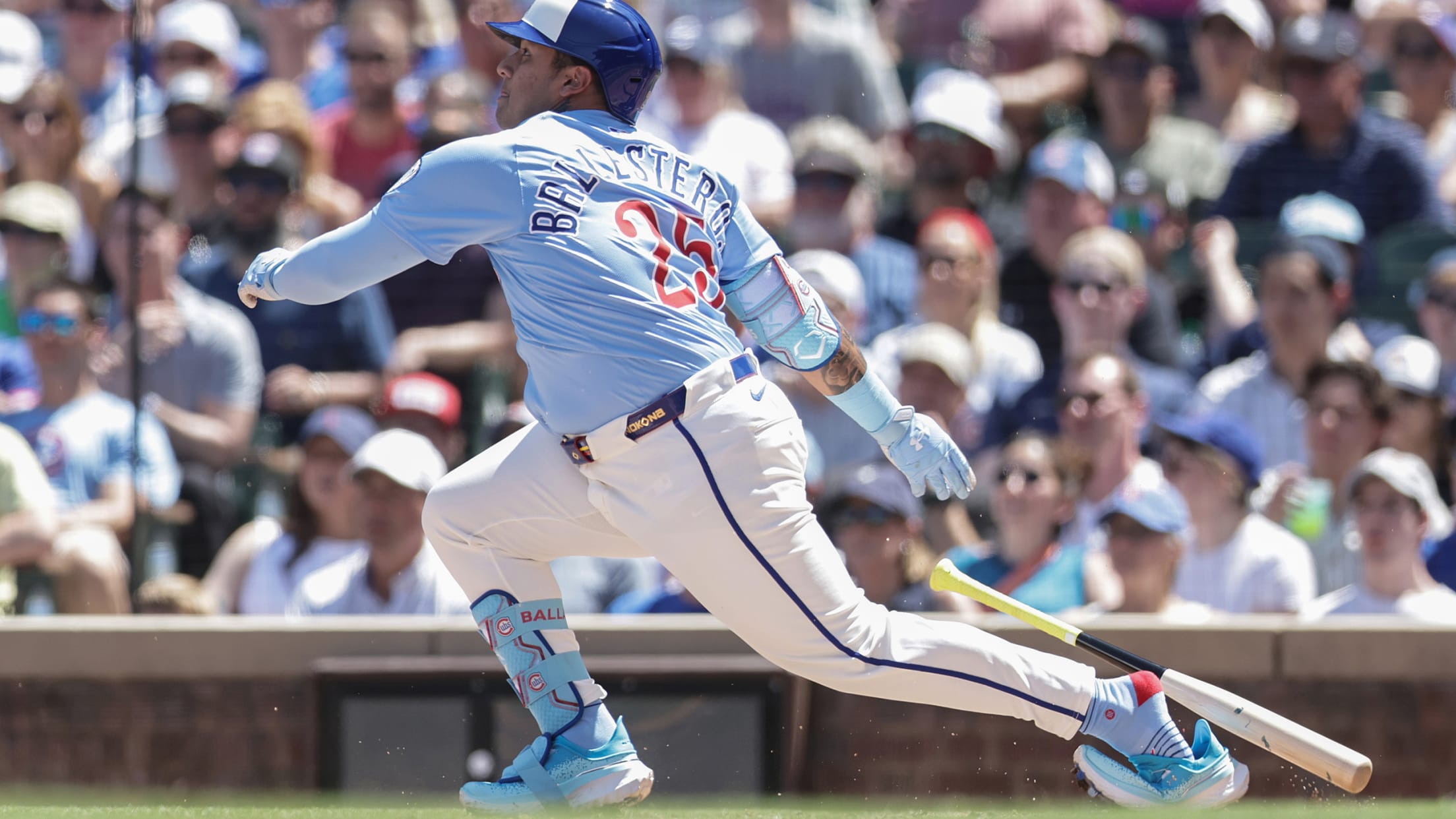 Moisés Ballesteros' left foot comes out of his cleat as he sprints out of the batter's box