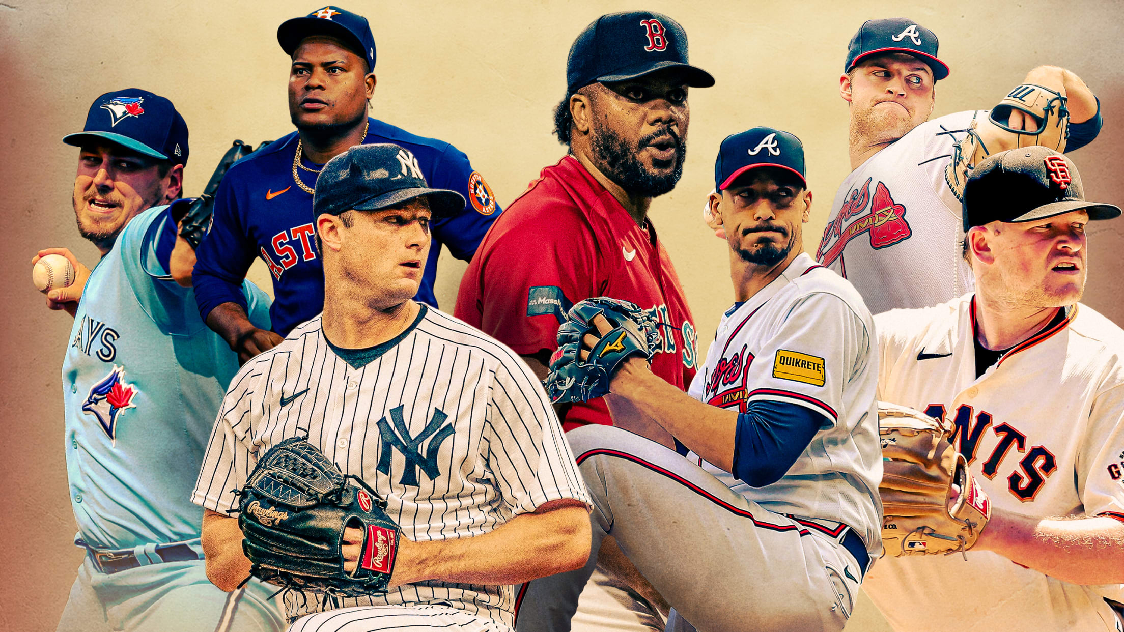 A photo illustration depicting seven pitchers