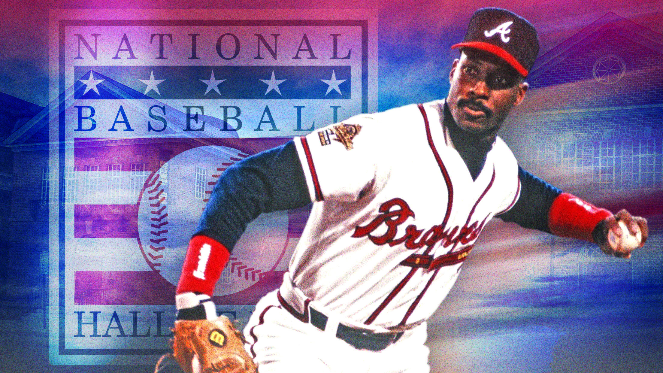 Fred McGriff about to throw in a Braves uniform, against a background that includes the Hall of Fame logo