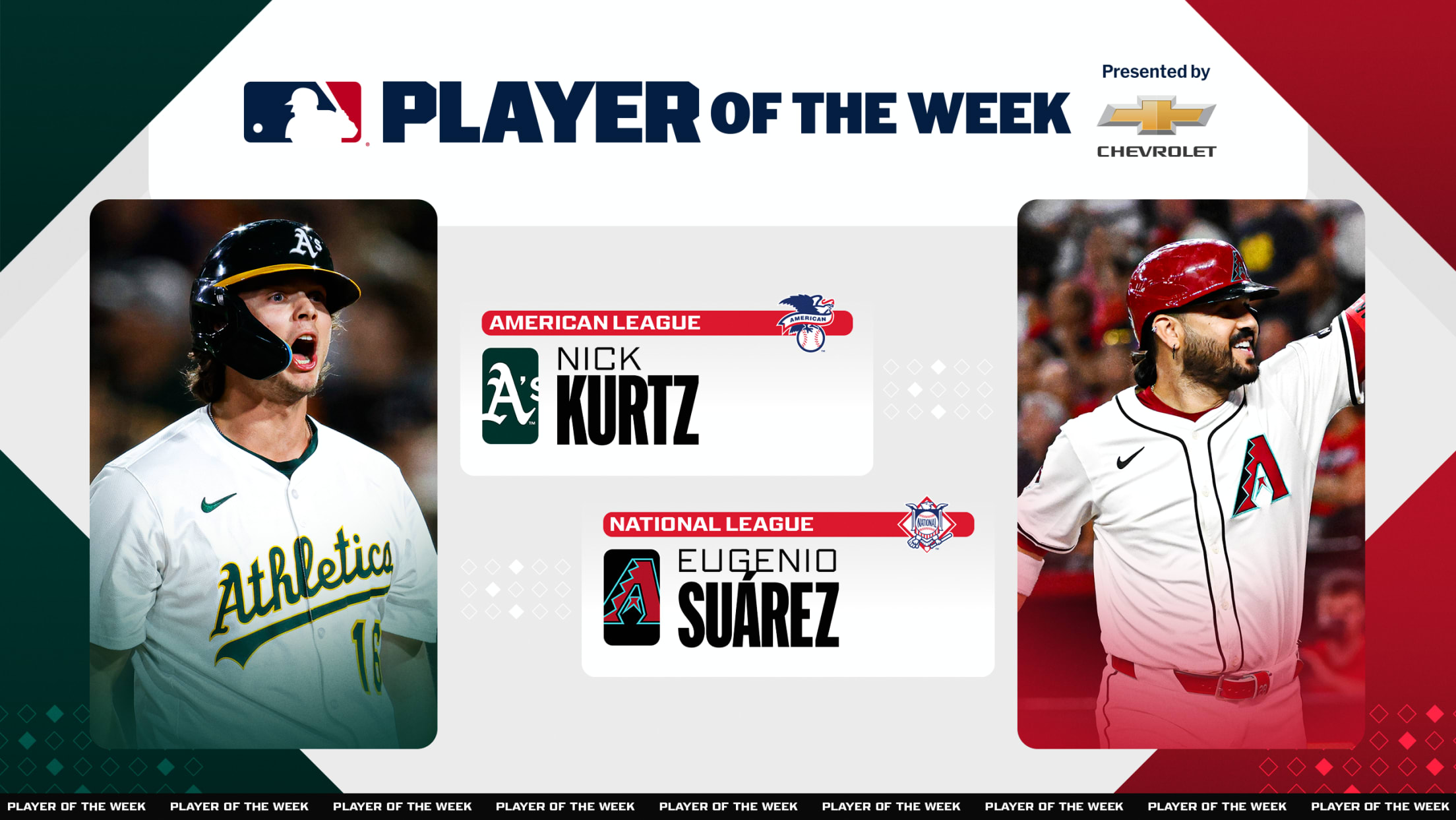 Nick Kurtz of the A's and Eugenio Suárez of the D-backs were named AL and NL Players of the Week