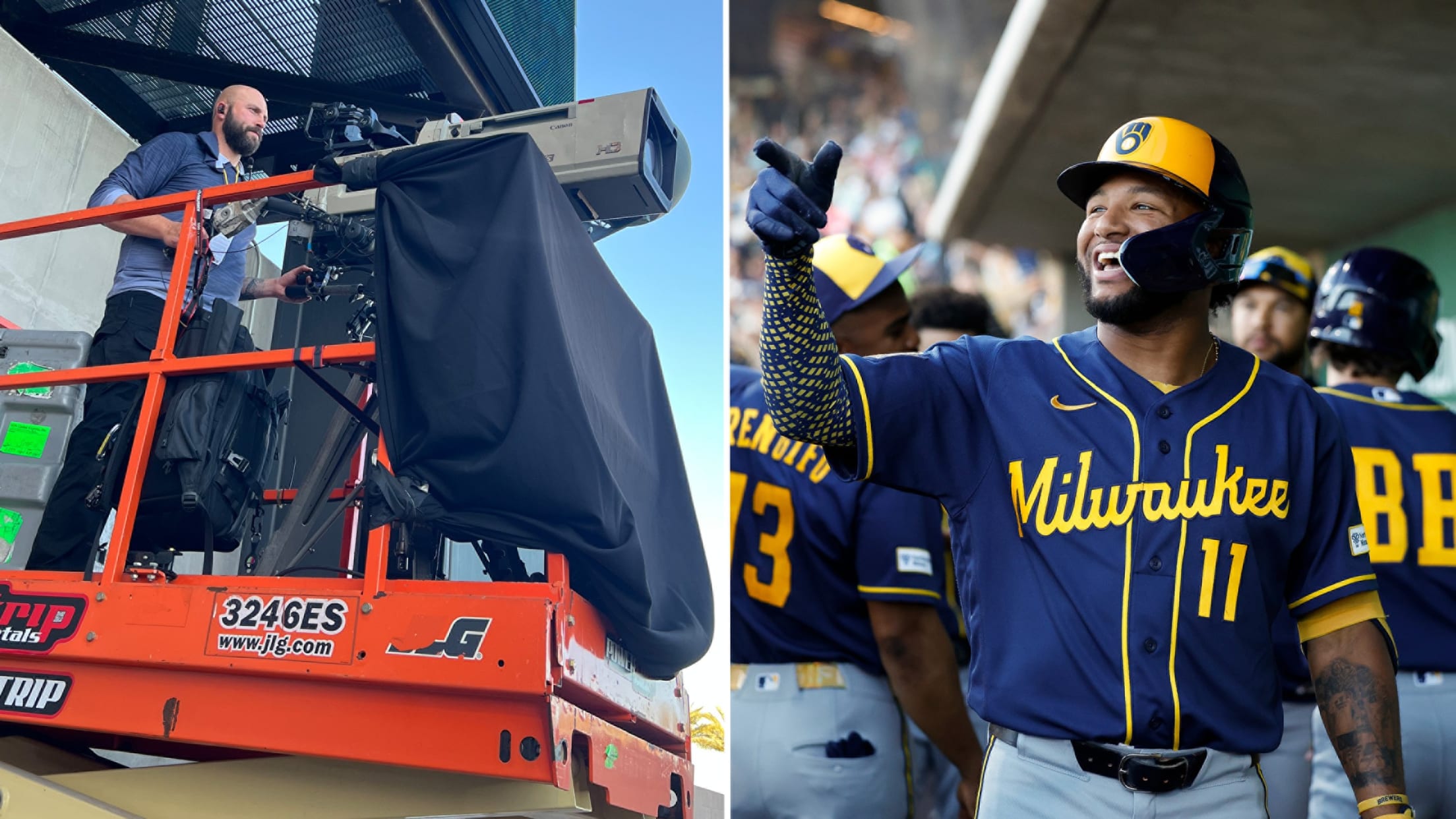 A split image showing a camera operator and Jackson Chourio high-fiving in the dugout A split image showing a camera operator and Jackson Chourio high-fiving in the dugout