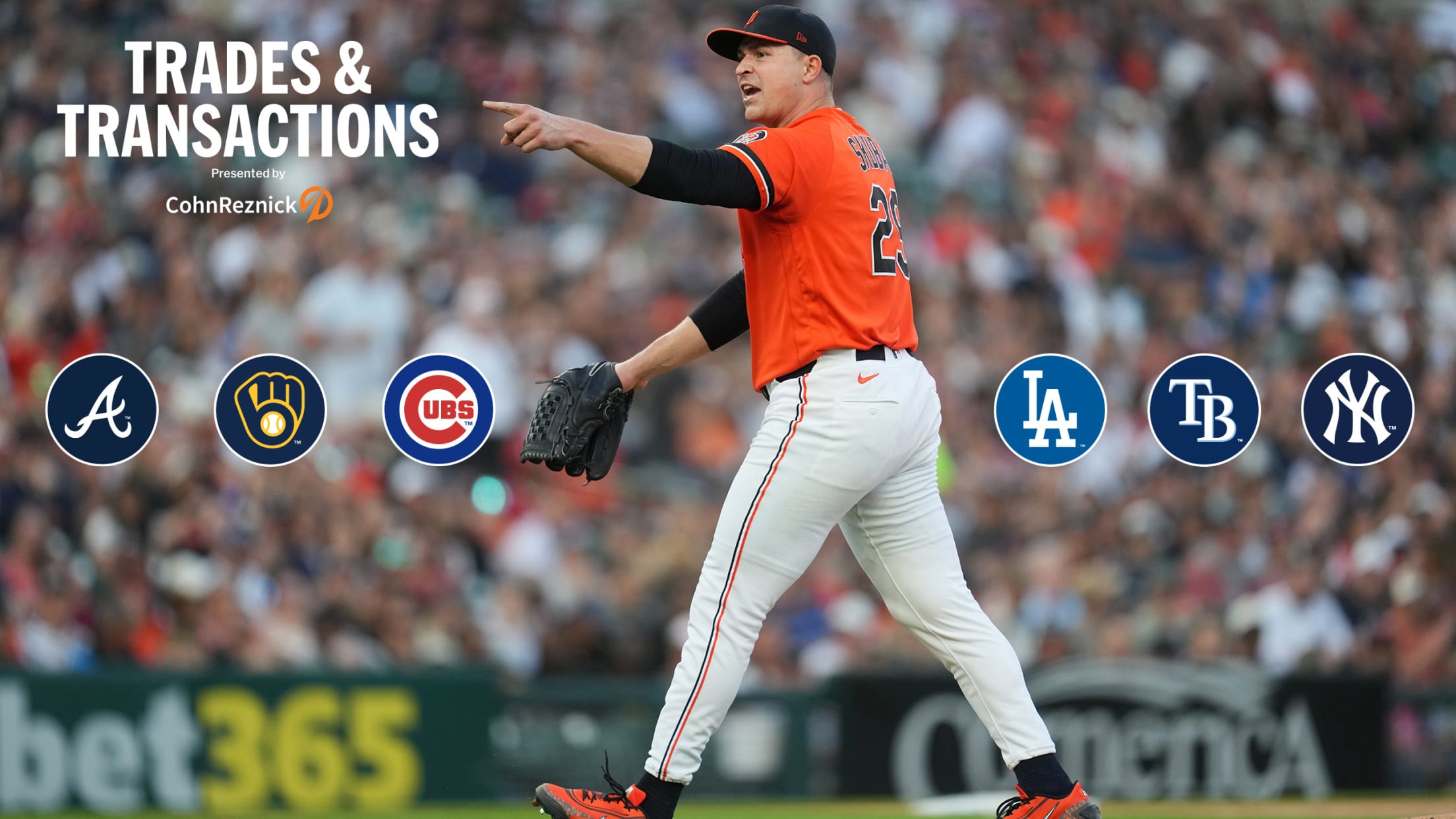 An image of Tarik Skubal and the logos of the Braves, Brewers, Cubs, Dodgers, Rays and Yankees