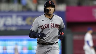 Cleveland, USA. 25th July, 2023. Cleveland Guardians catcher Bo Naylor (23)  hits a solo home run in the third inning during a MLB regular season game  between the Kansas City Royals and