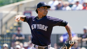 New York Yankees pitcher Deivi Garcia (83) during a spring training  baseball game against the Atlanta Braves on February 26, 2023 at George M.  Steinbrenner Field in Tampa, Florida. (Mike Janes/Four Seam